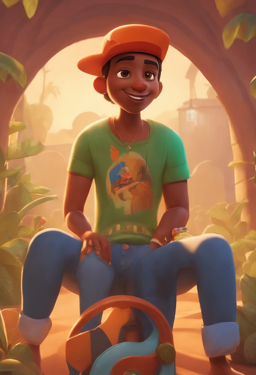 crie um banner no estilo Pixar. Um menino com pele branca, Skinny with cap, barba curta, 37 years old and with tattoo on anti arm wearing t-shirt, Wearing jeans and holding a classic tambourine