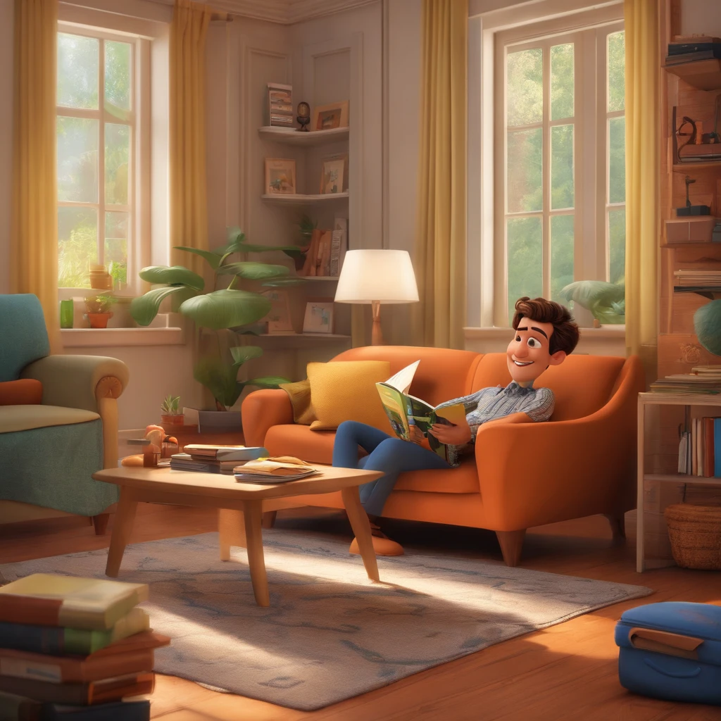 fundo branco, pixar desenhos animados 3D, homem lendo um livro, ::estilo pixar cartoon