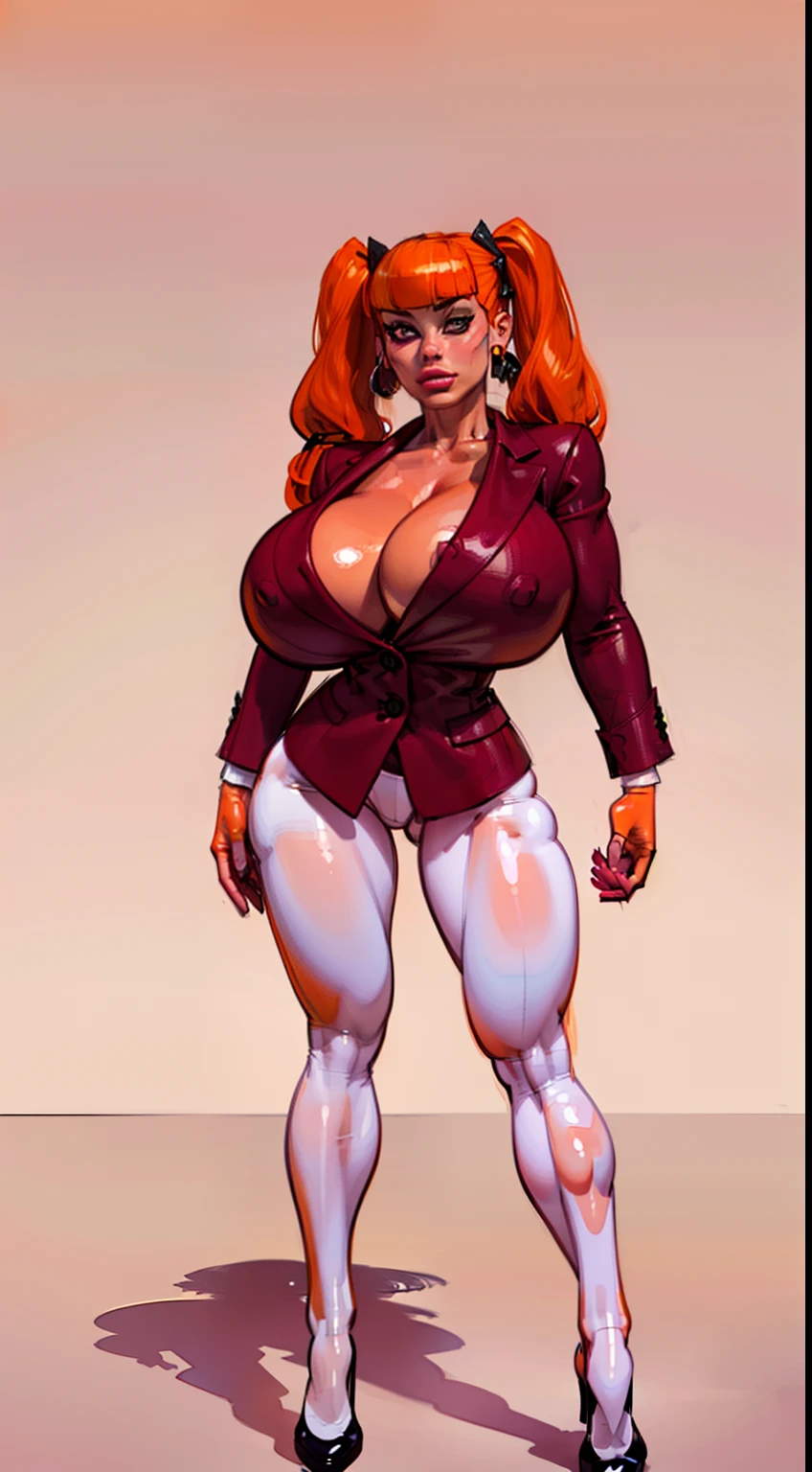 ((masterpiece)),(((best quality))), ((character design sheet:1.4)), ((full body view)) illustration,1girl, muscular, ((burgundy business suit:1.4)), blossom, ((hair bangs)), ((orange hair:1.4)), burgundy suit ((detailed face:1.4)) ((gigantic breasts:1.6)), (latex pants), ((cleavage)), beautiful woman, ((long twintails)), shiny skin, (thick legs), scribbles and marks, , rough sketches, pose, 8k,16k, (simple background, white background: 1.3)