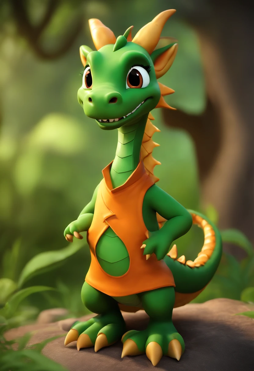 Caricature of a dragon wearing a green apron and an orange shirt, Cute cartoon character, cartoon shading, Cute characters, cute forest creature, Cartoon style, a cartoon illustration, Disney, 。.3D, 。.3D, Escultura, art, Detailed