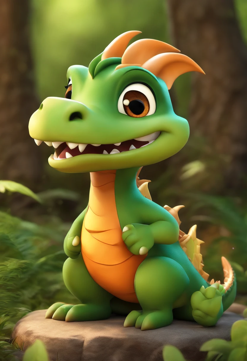 Caricature of a dragon wearing a green apron and an orange shirt, Cute cartoon character, cartoon shading, Cute characters, cute forest creature, Cartoon style, a cartoon illustration, Disney, 。.3D, 。.3D, Escultura, art, Detailed