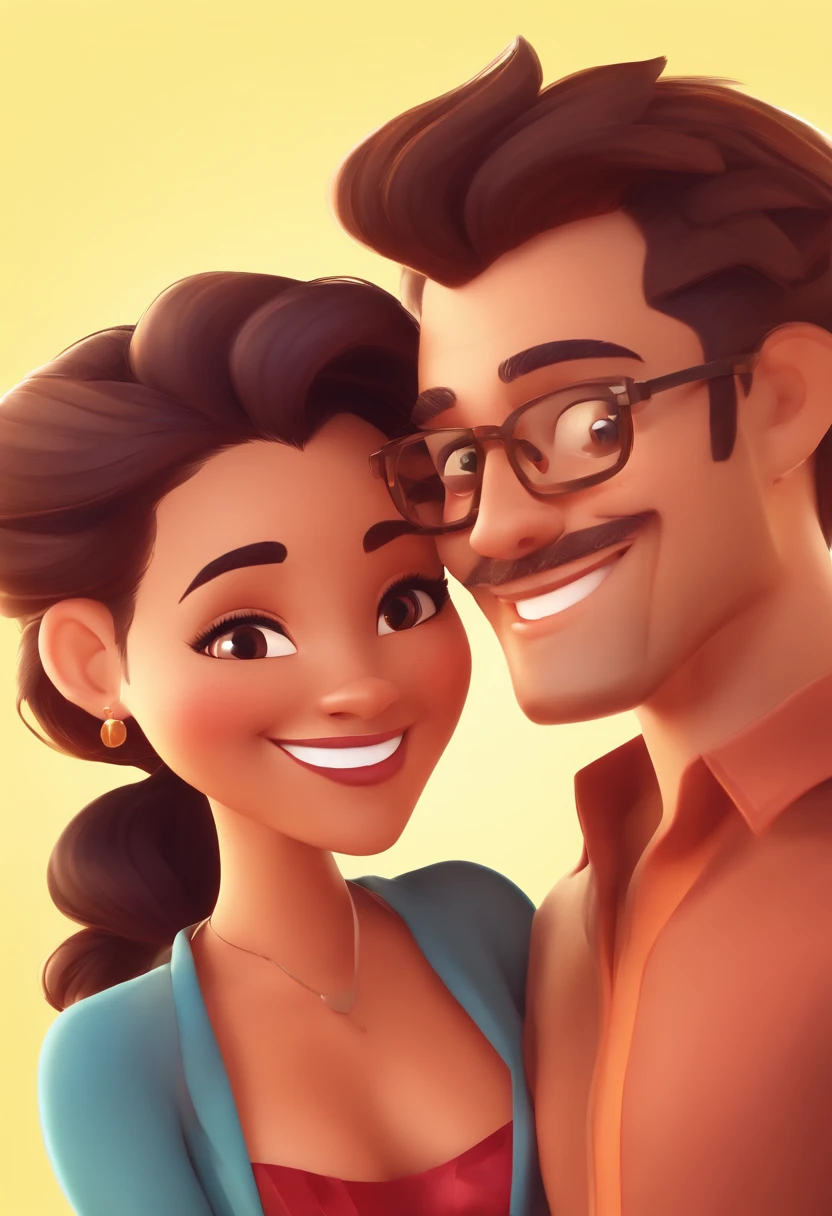 An illustration of an adorable couple, Highlight for a chubby mulatto man with glasses smiling and a brunette woman with beautiful expressive eyes - the man's skin is mulatto and the man's hair haswhile the woman's skin is black and the woman's hair is straight and brown. They are a bright room, cada um com um sorriso no rosto, e compartilhar um momento especial caracterizado pelo amor, Insights. Illustrate this scene from a perspective where they are facing the camera, Smiling and Showing Your Connection. Desenvolva esta arte em Full HD, Focus on your cinematic touch, Estilo Disney Pixar Animations