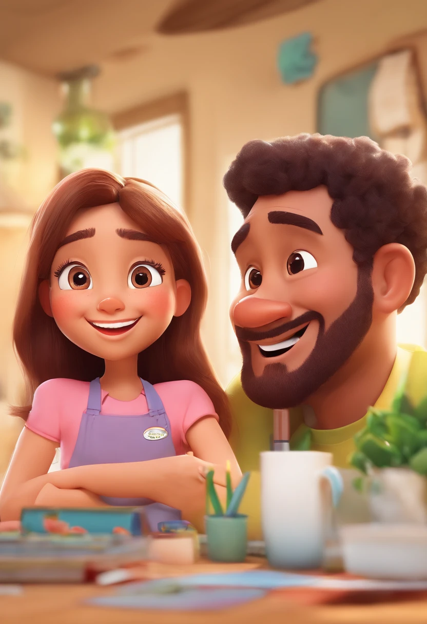 An illustration of an adorable couple, Highlight for a chubby mulatto man with glasses smiling and a brunette woman with beautiful expressive eyes - the man's skin is mulatto and the man's hair haswhile the woman's skin is black and the woman's hair is straight and brown. They are a bright room, cada um com um sorriso no rosto, e compartilhar um momento especial caracterizado pelo amor, Insights. Illustrate this scene from a perspective where they are facing the camera, Smiling and Showing Your Connection. Desenvolva esta arte em Full HD, Focus on your cinematic touch, Estilo Disney Pixar Animations
