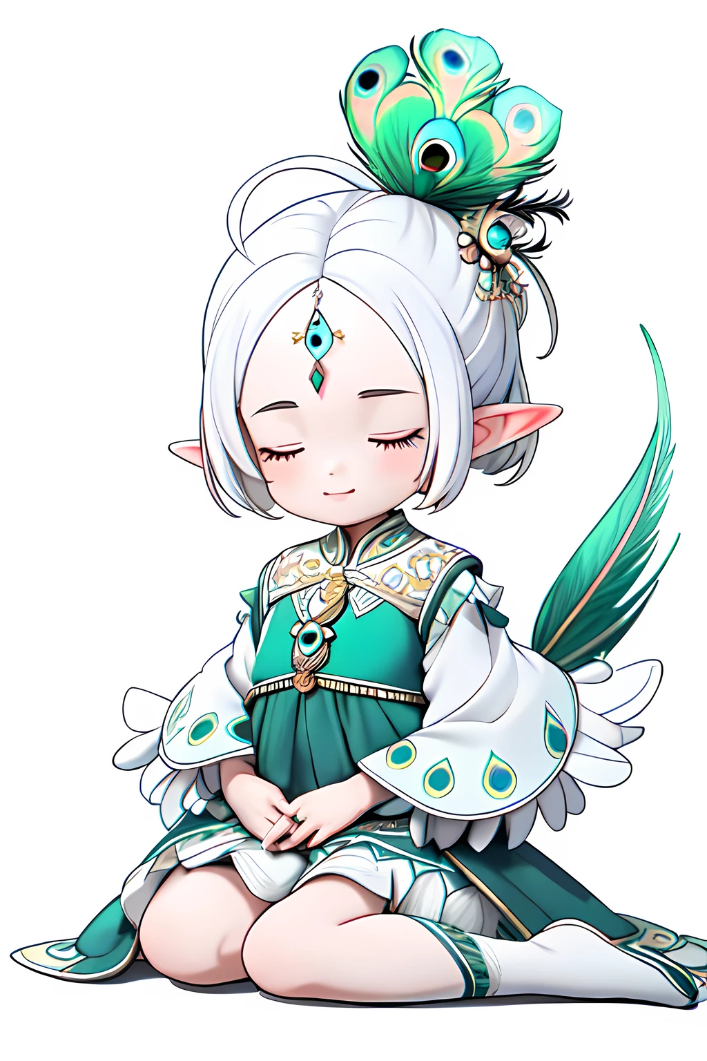 (Best quality, A high resolution, Masterpiece:1.2), Black and white, Q version 2 girl, "Peacock elements", "Peacock tail", "Whole body", Cute face, updo-hairstyle, closing her eyes, Comfortable appearance, White color hair, "Sit on your knees", "Clothes made of feathers", White hair, Short hair, There is a circular pattern in the center of the eyebrows, A high resolution, White background, Mono Color, Line drawings, ((Sketch)), feathers hair ornament, "Peacock tail", forehead jewel, forehead mark, long and pointed ears, High detail, 4K, Super detail, High quality