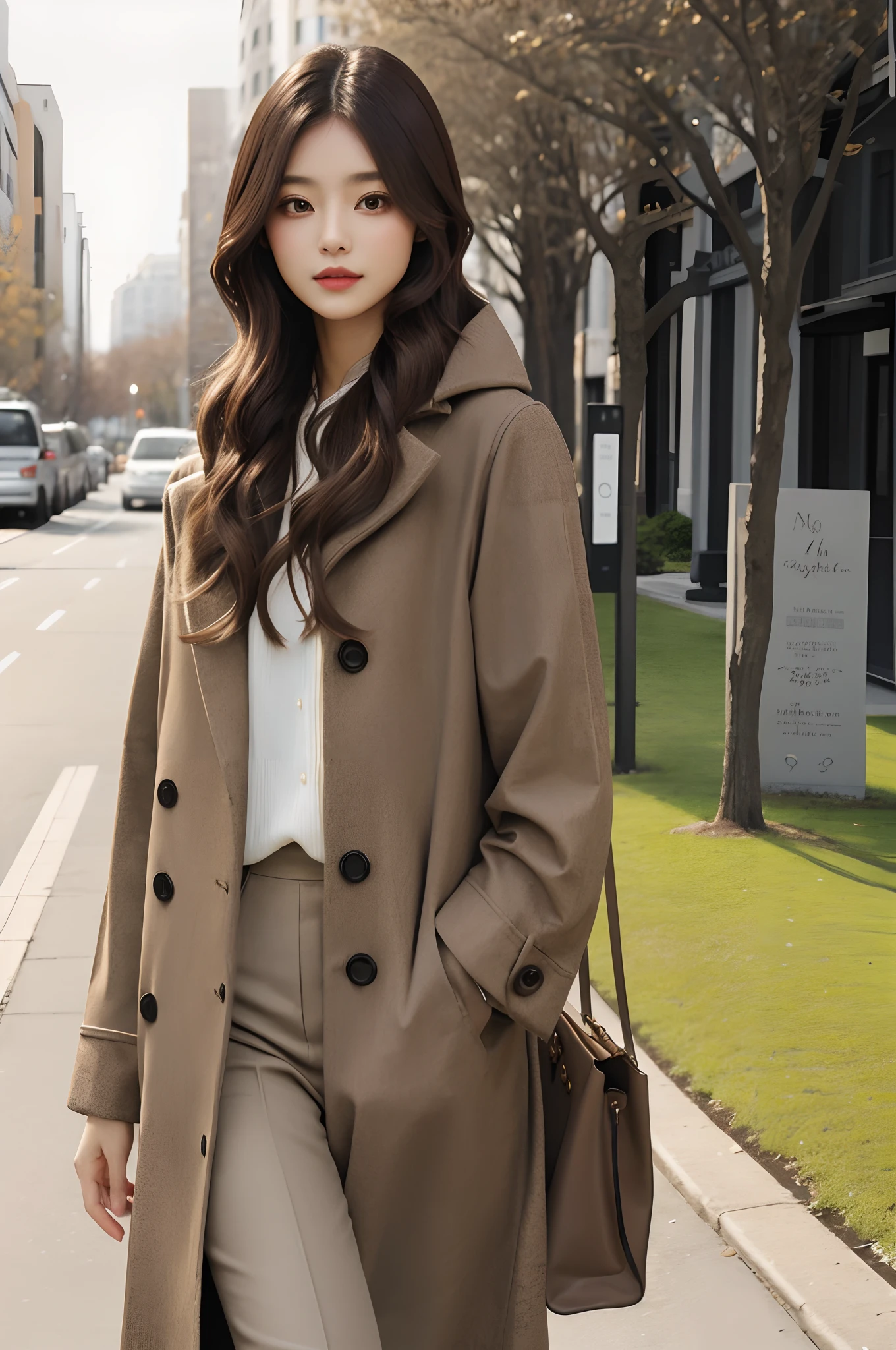 Woman in coat is walking in the park, Subtle earth tone, Fashionable woman, wearing elegant casual clothes, Rustic tone, brown tones, modern fashion outfit, dressed with long fluent clothes, casual clothing style, high fashion classy, neutral tones, Brown clothes, elegant girl in urban outfit, Natural Mute Tones, Fashion costumes, earthy colors