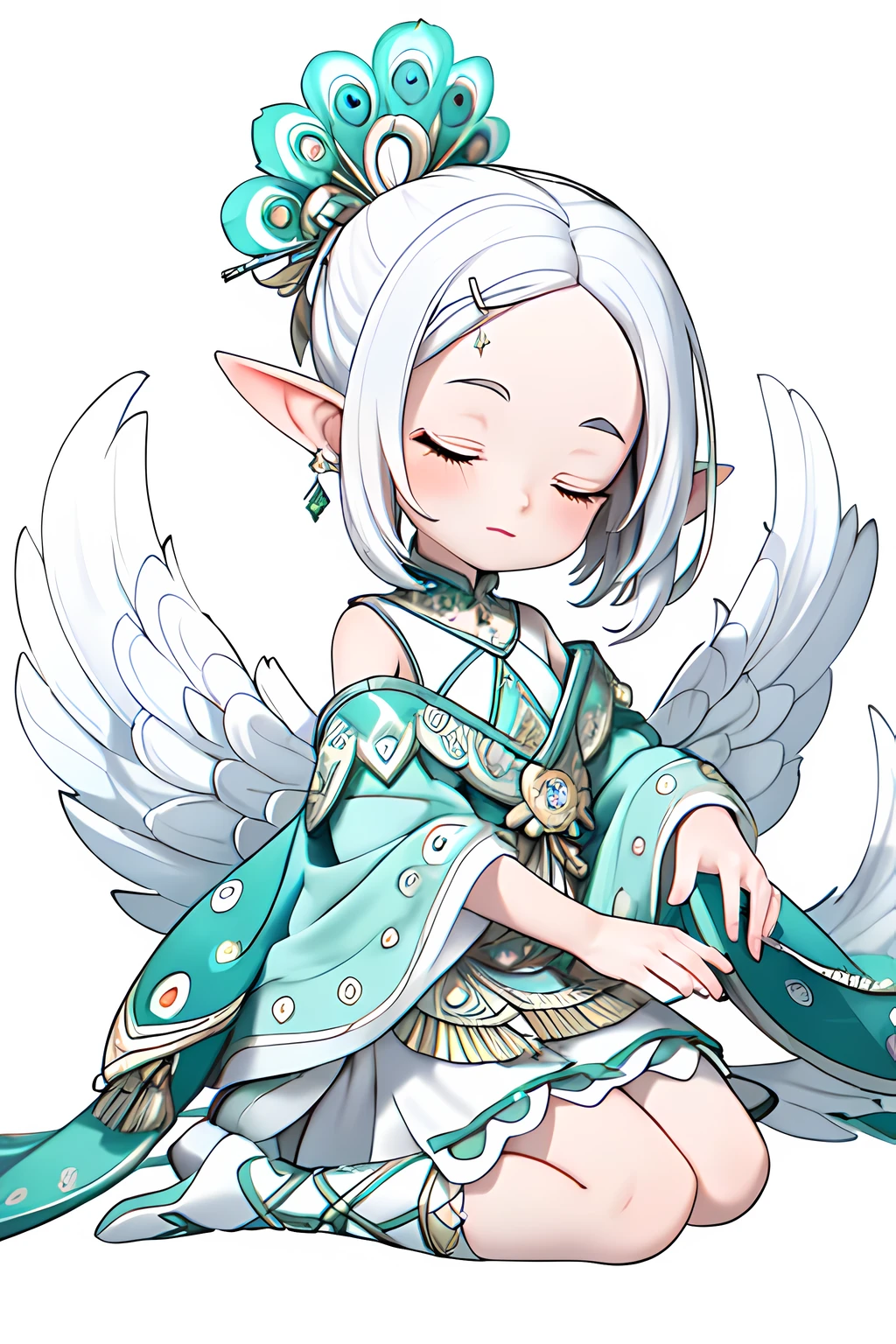(Best quality, A high resolution, Masterpiece:1.2), Black and white, Q version 2 year old girl, "Peacock elements", "Peacock tail", "Whole body", Cute face, updo-hairstyle, closing her eyes, Comfortable appearance, White color hair, "Sit on your knees", "Clothes made of feathers", White hair, Short hair, There is a circular pattern in the center of the eyebrows, A high resolution, White background, Mono Color, Line drawings, ((Sketch)), feathers hair ornament, "Peacock tail", forehead jewel, forehead mark, long and pointed ears, High detail, 4K, Super detail, High quality