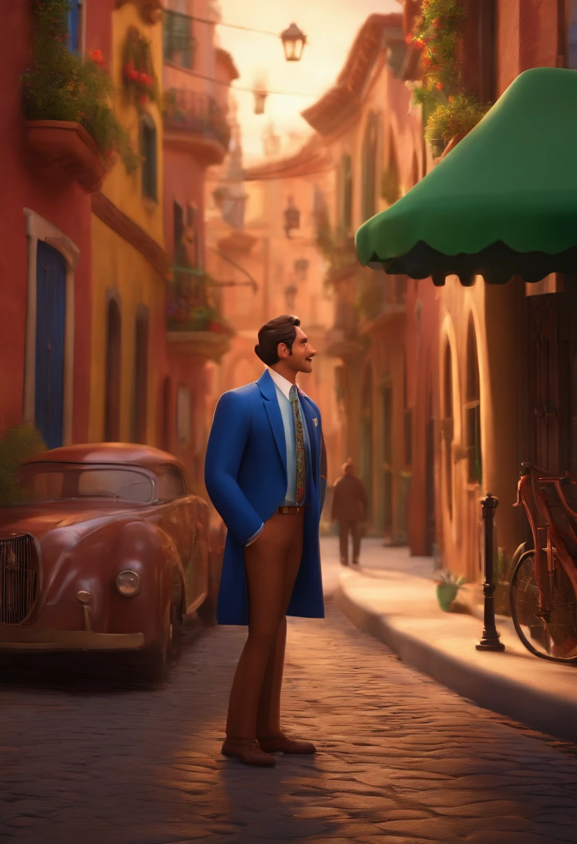 A city councilman looking at a dream project inspired by Pixar animation, de perto. The character takes center stage with captivating facial expressions, oferecendo um toque de irrealidade