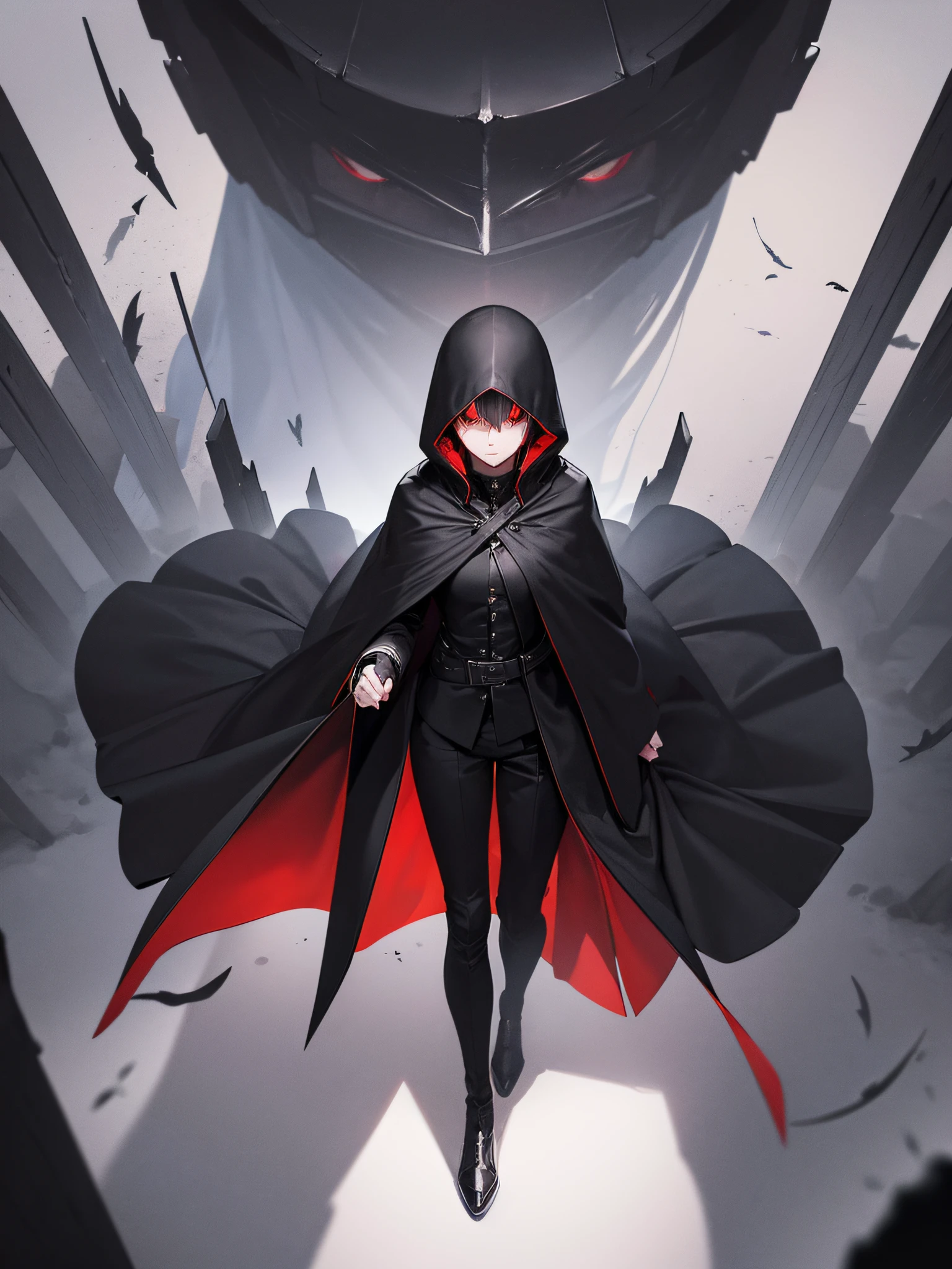 A person who is the eminence of shadow, a hooded overcoat that exudes something black, luminous red eyes, it is not possible to see his face, sneaking in the darkness, crows within the field of vision, low light, entire body, full black laps, {extremely detailed 16k CG unit wallpaper}, expansive landscape photography, (a top view focusing on the character and setting), (wide open field view), (high angle shot), (high light : 1.0), (low light: 1.9), (warm light source: 1.7), complex details, (iridescent colors: 1.8), (bright lighting), (atmospheric lighting), Dreamy, aesthetic, moody