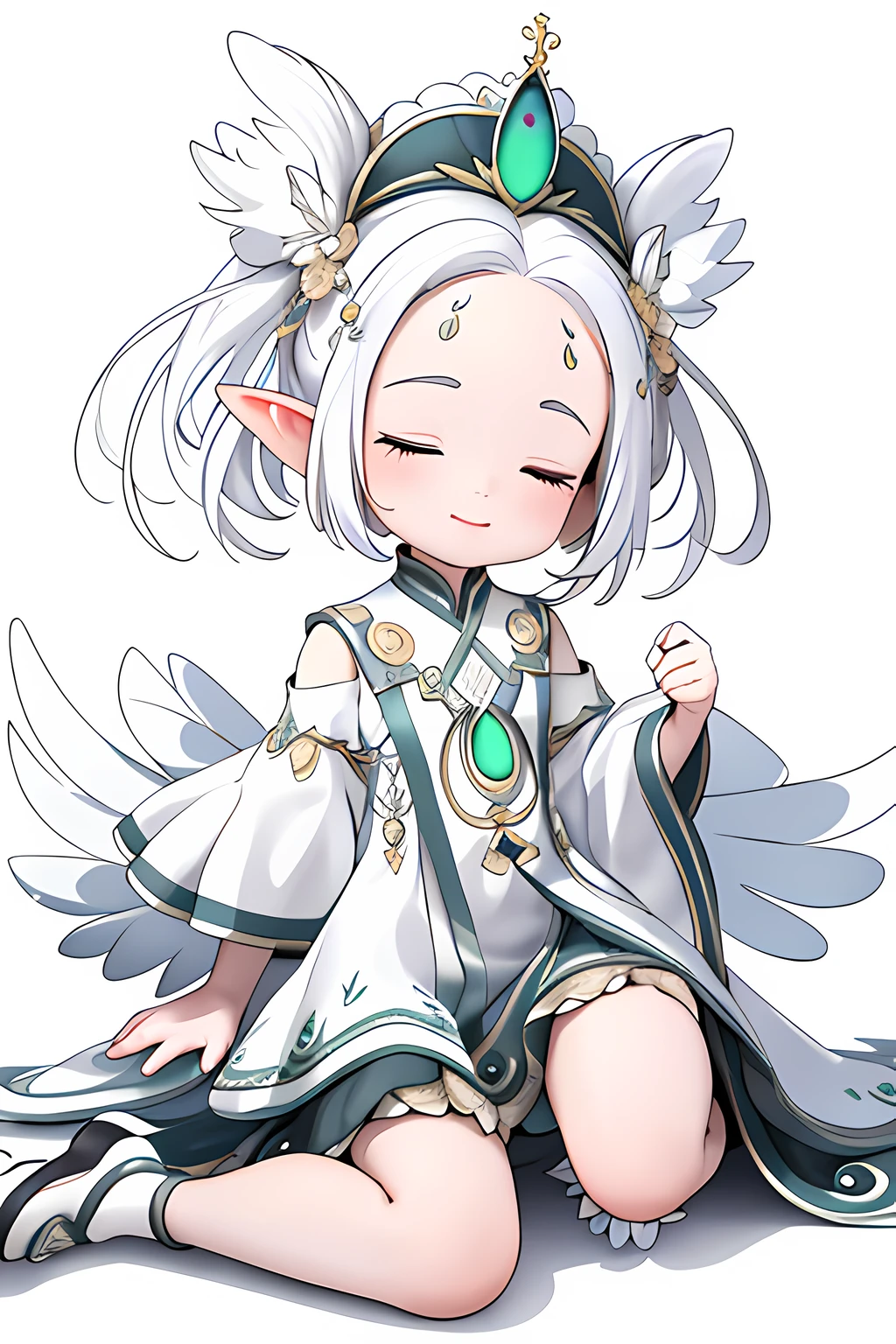 (Best quality, A high resolution, Masterpiece:1.2), Black and white, Q version 2 girl, "Peacock elements", "Peacock tail", "Whole body", Cute face, updo-hairstyle, closing her eyes, Comfortable appearance, White color hair, "Sit on your knees", "Clothes made of feathers", White hair, Short hair, There is a circular pattern in the center of the eyebrows, A high resolution, White background, Mono Color, Line drawings, ((Sketch)), feathers hair ornament, "Peacock tail", forehead jewel, forehead mark, long and pointed ears, High detail, 4K, Super detail, High quality