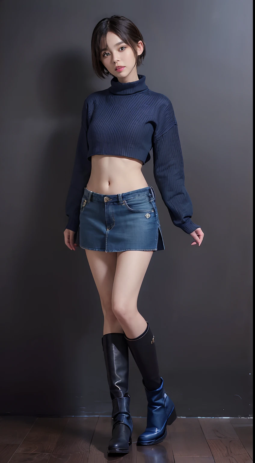 Sweaters、Denim Mini Skirt、full body Esbian、frontage、A slender、(masuter piece:1.3)、(8K、Photorealsitic、Raw photography、top-quality: 1.4)、(1girl in)、beautiful countenance、(Lifelike face)、(A dark-haired、short-hair:1.3)、Beautiful hairstyle、realisticeyes、Beautiful details、(real looking skin)、Beautiful skins、(Sweaters)、absurderes、enticing、超A high resolution、A hyper-realistic、high-detail、the golden ratio、((wide open abdomen))、((open abdomen))、((wide open navel))、((open navel))、((Bare belly))、((Mid-Riff Sweater))、((Mid-Riff Sweater))、((Ultra-low rise、Denim Mini Skirt))、 ((Navel Ejection))、((small hips))、((long limbs))、((Full body depiction))、((small hip))、(long boots)、((Ultra-low rise))、((Denim Mini Skirt))、((is standing))、 ((wide open abdomen))、((open abdomen))、((wide open navel))、((open navel))、((Bare belly))、((Mid-Riff Sweater))、((Ultra-low rise、Denim Mini Skirt))、 ((Navel Ejection))、((small hips))、((Full body depiction))、((small hip))、(boots)、((Ultra-low rise))、((Denim Mini Skirt))、((is standing))、