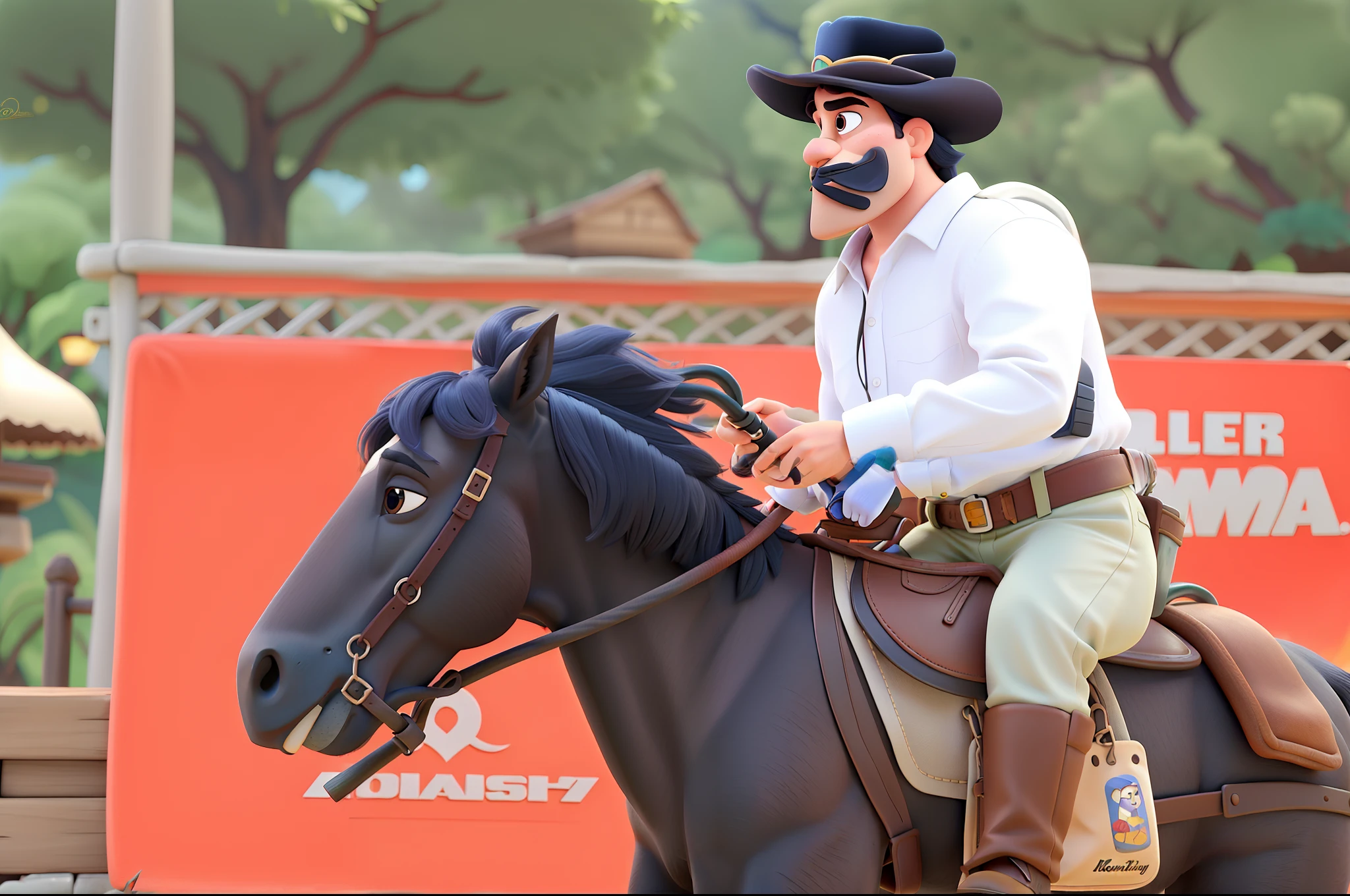 Um homem montando cavalo estilo disnay pixar, alta qualidade, melhor qualidade