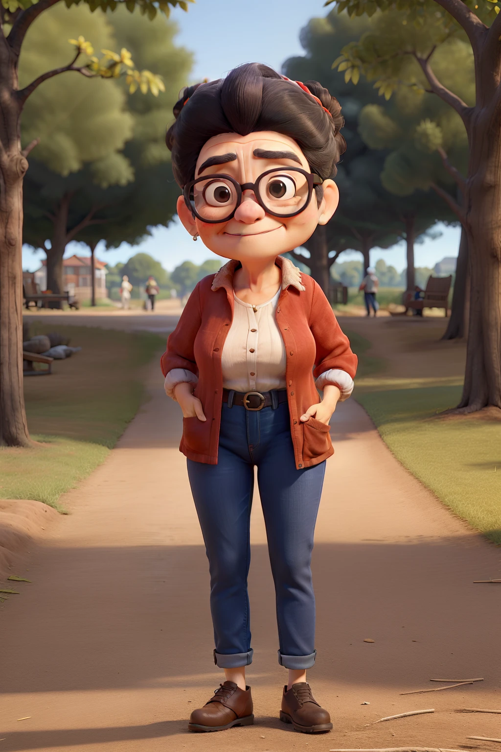 Obra-prima, de melhor qualidade, An old woman with red square glasses, Lightened black hair tied up in a messy bun, vestindo uma jaqueta jeans com blusa branca, Standing in the park holding his camera