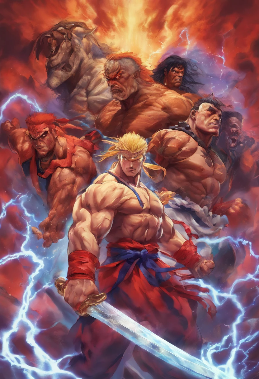 Realistic 3D rendering of the 4 horsemen of the apocalypse, surrounded by lightning, grande musculatura, fotografia de corpo inteiro, hiper-realista
