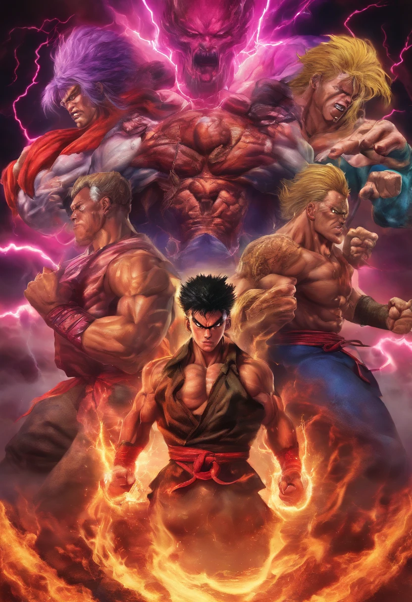 Realistic 3D rendering of the 4 horsemen of the apocalypse, surrounded by lightning, grande musculatura, fotografia de corpo inteiro, hiper-realista