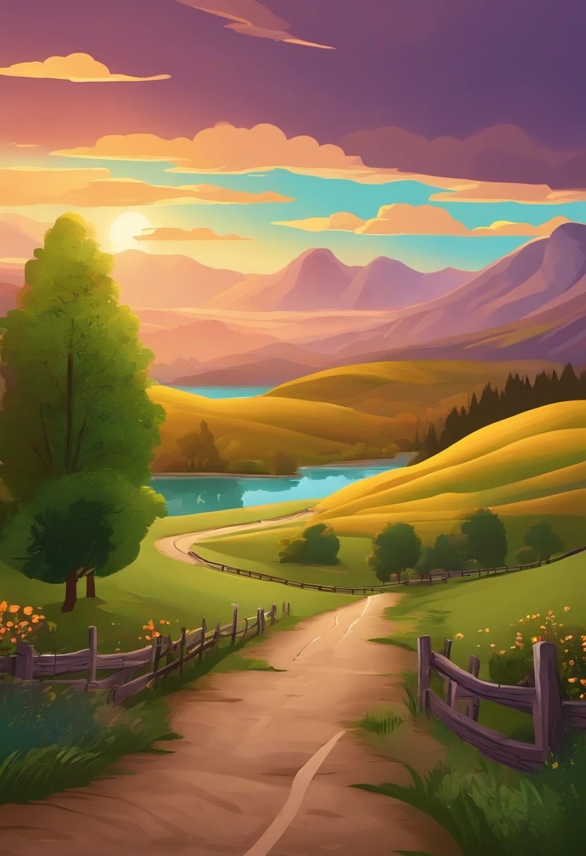 country road,At the end is the lake,cartoony,