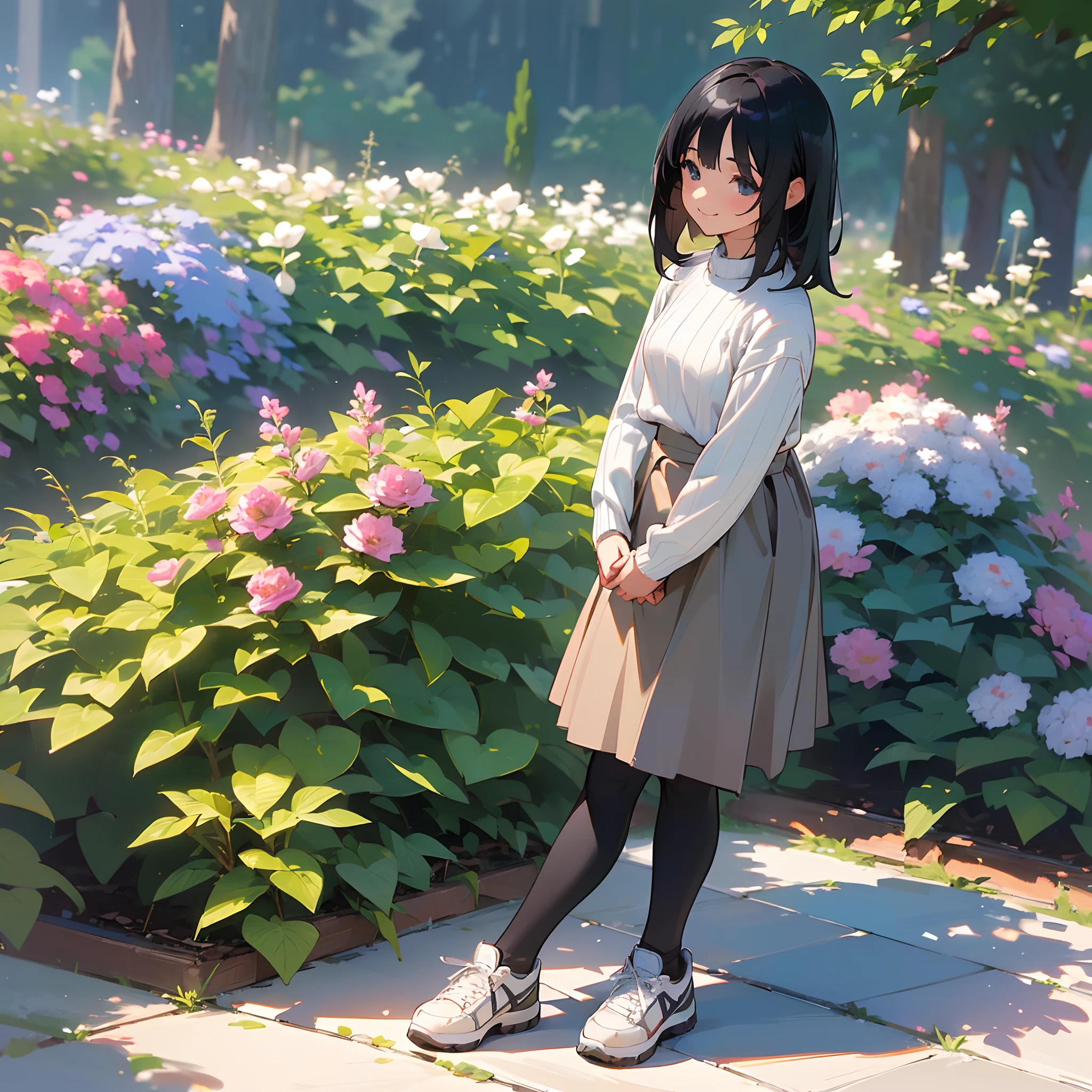 (Best Quality, hight resolution, Ultra-detailed, Realistic:1.37), peaceful ambiance, (plein air, garden),  girl standing alone, Beautiful detailed features, Cute smile, ((Black bob hair)),White ribbed sweater,Blue skirt,Black tights,White sneakers.