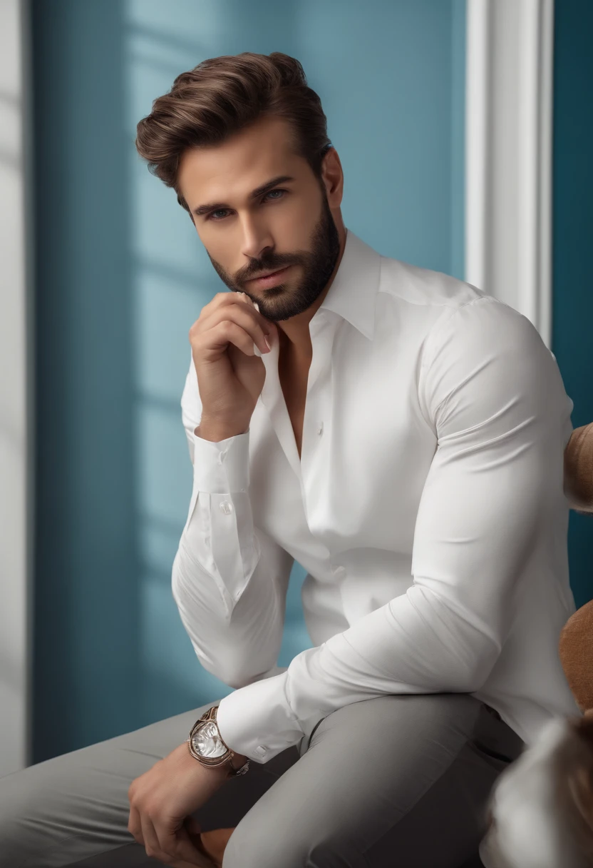 (Homem em roupas elegantes), ), (com uma barba longa e cheia,) (olhos azuis) (retrato) attractive and serious appearance, Cabelos castanhos escuros, Elegante e elegante, e camiseta de corpo forte, (Imagem realista e de alta qualidade), in the background Scandinavian apartment with designer furniture and blue wall color in the background, ((melhor qualidade, 8k, Obra prima).
