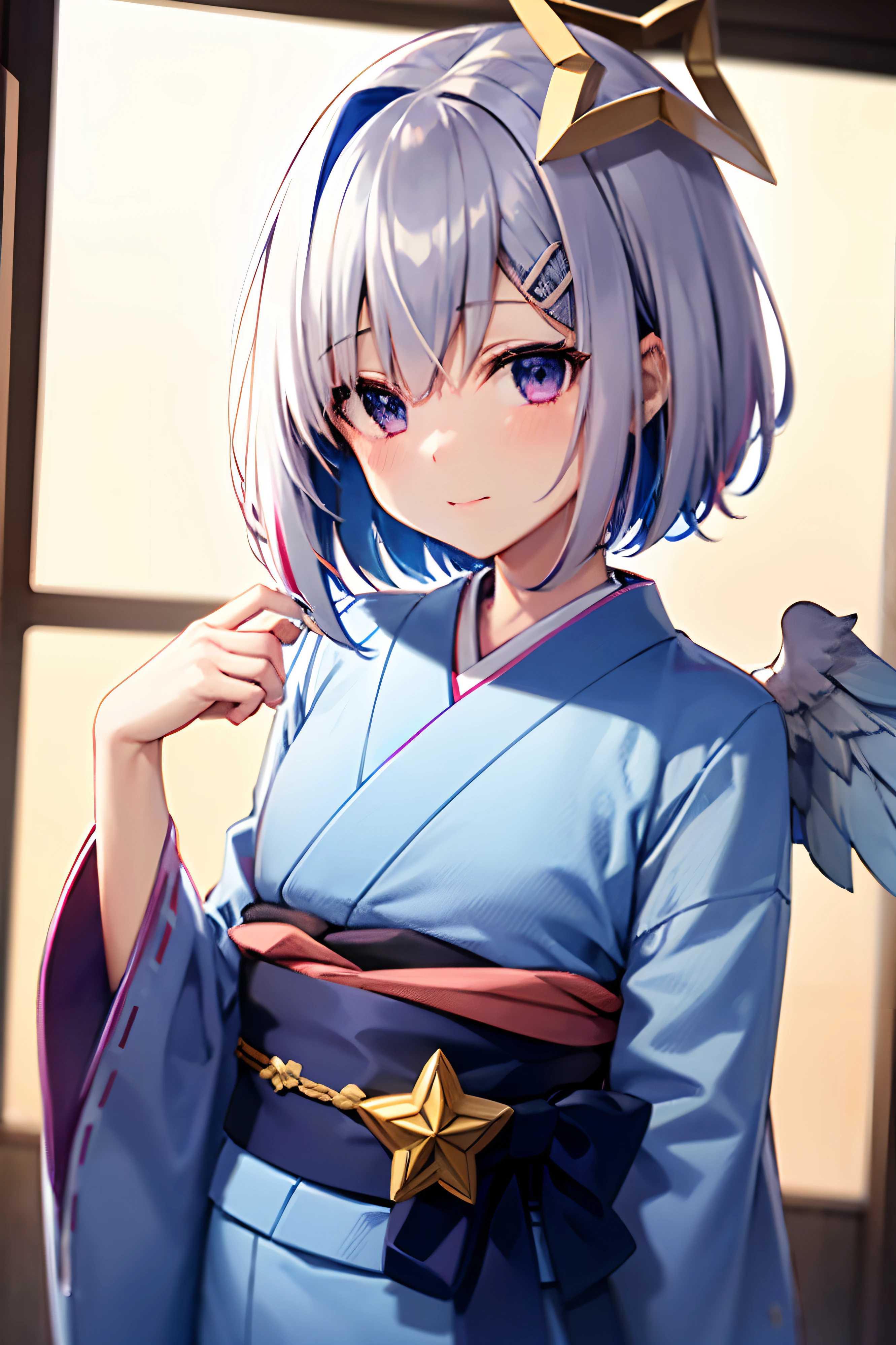 amane kanata, 1girl in, Solo, Short hair, Bangs, Simple background, Bow, Blue hair, Purple eyes, Jacket, Grey Hair, multicolored hair, Wings, blue bow, bob cuts, arm band, Feathered wings, Asymmetrical hair, Angel wings, Colored inner hair, one white winged, single hair intake, Star Halo, Looking at Viewer, Bangs, 鎖骨，The long-haired，flat chest，sidelong glance，Mouth closure，Oils，komono，kimono，obi，window，obi，Blue kimono，takeout，blue-sky，winc、Close one eye