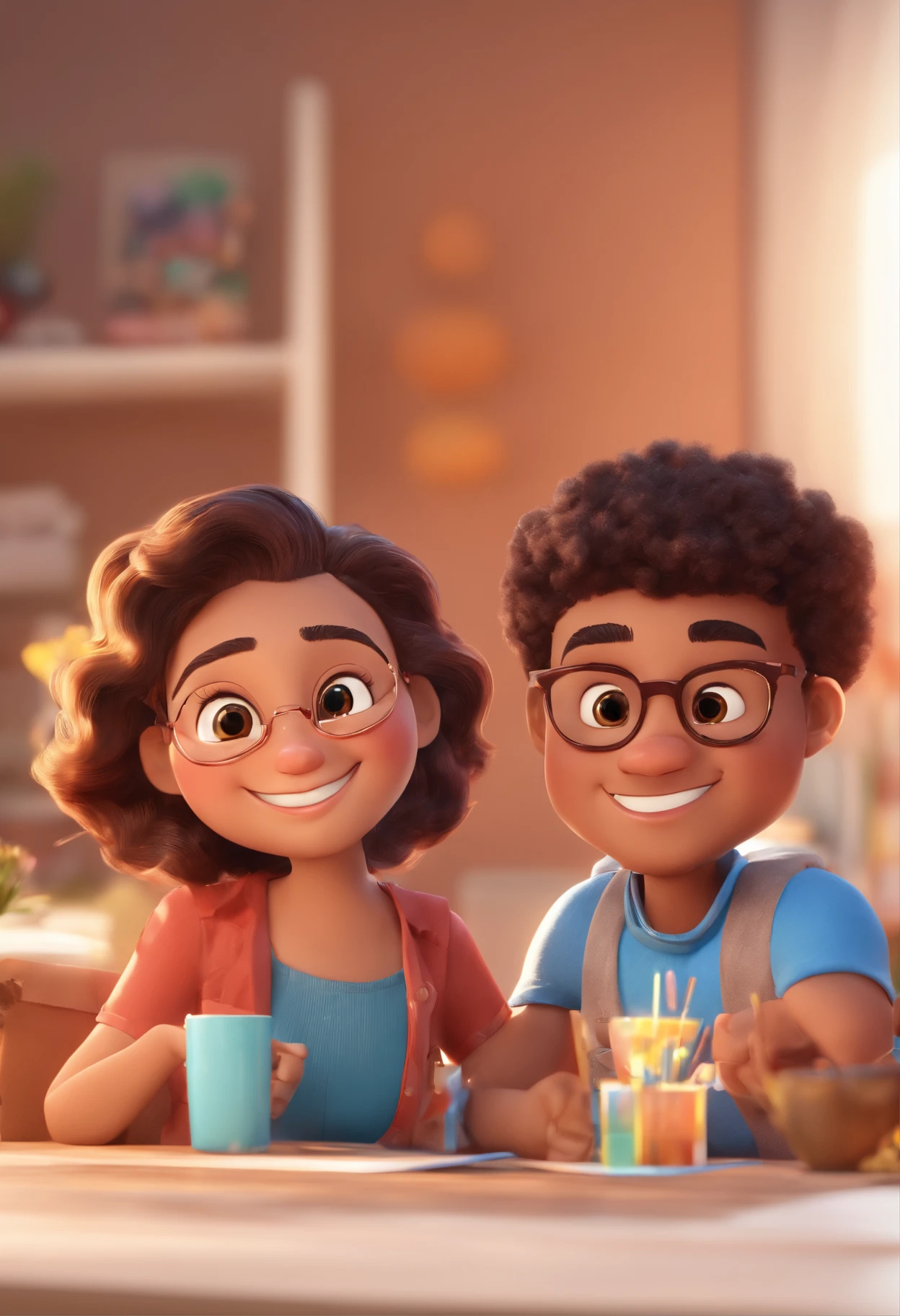 An illustration of an adorable couple, Highlight for a chubby mulatto man with glasses smiling and a brunette woman with beautiful expressive eyes - the man's skin is mulatto and the man's hair haswhile the woman's skin is black and the woman's hair is straight and brown. They are a bright room, cada um com um sorriso no rosto, e compartilhar um momento especial caracterizado pelo amor, Insights. Illustrate this scene from a perspective where they are facing the camera, Smiling and Showing Your Connection. Desenvolva esta arte em Full HD, Focus on your cinematic touch, Estilo Disney Pixar Animations