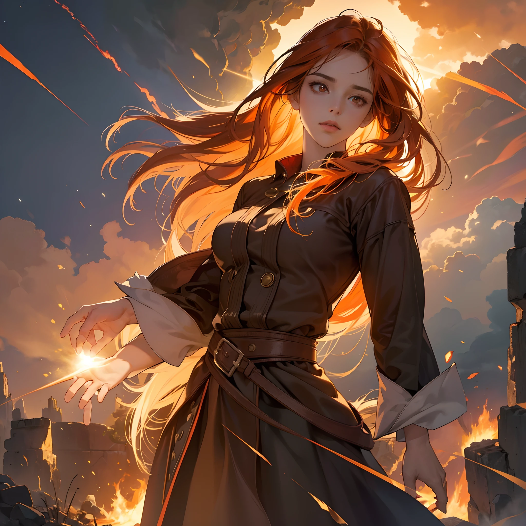 (best quality,4k,8k,highres,masterpiece:1.2),ultra-detailed,(realistic,photorealistic,photo-realistic:1.37),girl made of fire,bright sunlight,fantasy powers,flames,illustration,scenic views,fiery red and orange colors,soft lighting,beautiful fiery textures,flowing hair,glowing eyes,dynamic pose,energy emanating from her hands,dramatic shadows,atmospheric background,smoke and sparks,golden rays of light,ethereal and magical,emotional and powerful.