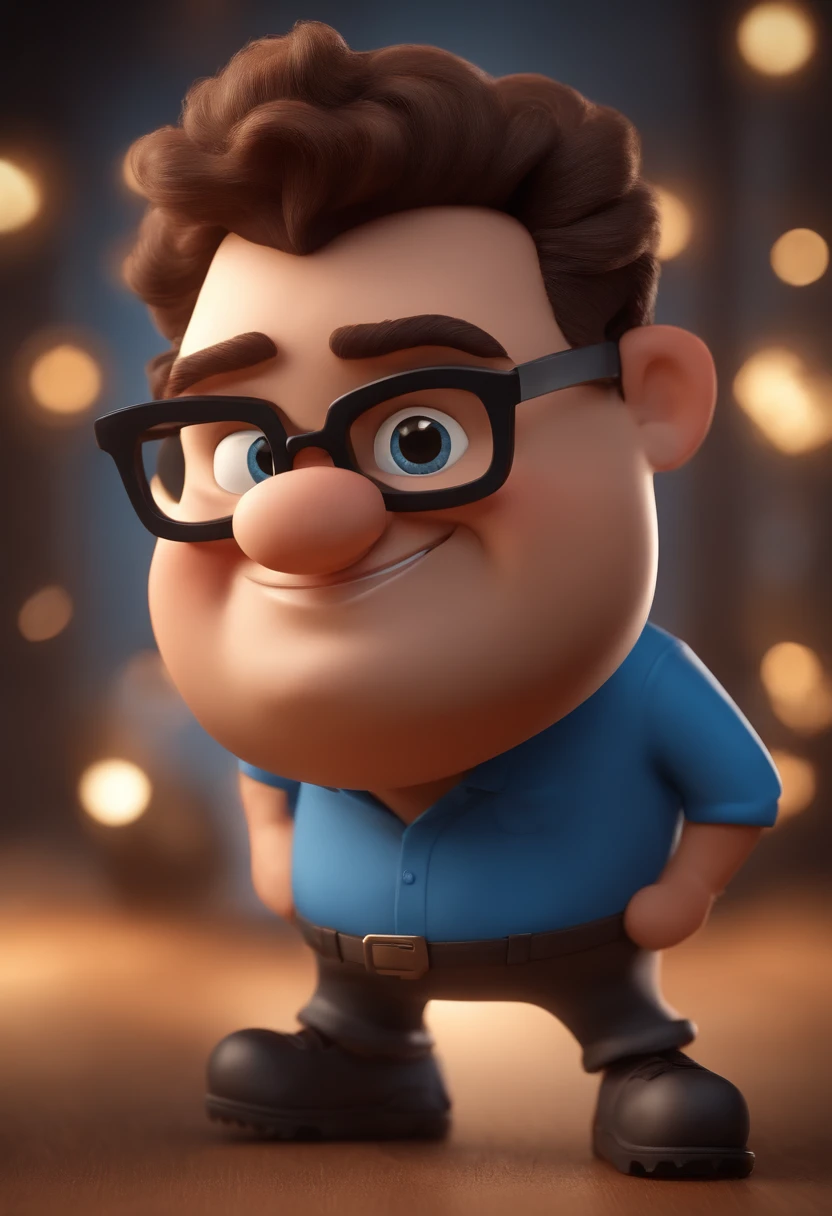 Cartoon character of a chubby man with curly hair wearing black glasses and a blue shirt, um personagem animado, Caractere estilizado, animation style rendering, 3D estilizado, Arnold Maya render, 3 d render stylized, toon render keyshot, Personagem 3D, Personagem 3D, 3d rendering stylized, 3 d character render, personagem de desenho animado, Personagem de close up, Pose de personagem, (Estilo Pixar) (master part:1.2) (Bokeh) (best quality) (pele detalhada) (textura detalhada) (8k) (argila) (Cinematic lighting) (foco nítido,Senta e vaza a parte superior do corpo