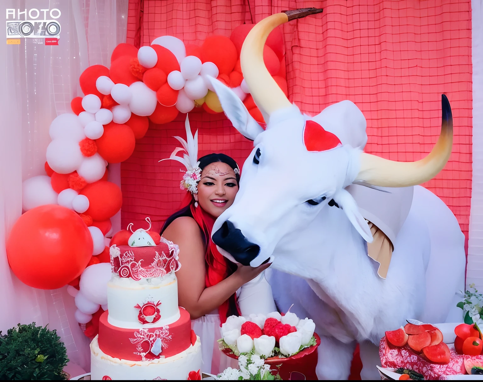 Araffe e uma mulher ao lado de um bolo com uma vaca, tema de cores vermelho e branco, vermelho e branco, humano vestido como um touro, 🐎🍑, fotografia do evento, esquema de cores vermelho e branco, 🐿🍸🍋, Cores Vermelho e Branco, um boi, esquema de cores branco e vermelho