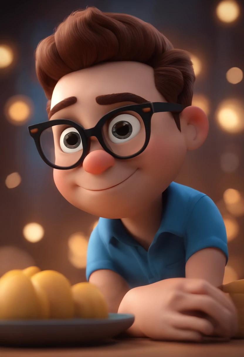 Cartoon character of a man wearing black glasses and a blue shirt, um personagem animado, Caractere estilizado, animation style rendering, 3D estilizado, Arnold Maya render, 3 d render stylized, toon render keyshot, Personagem 3D, Personagem 3D, 3d rendering stylized, 3 d character render, personagem de desenho animado, Personagem de close up, Pose de personagem, (Estilo Pixar) (master part:1.2) (Bokeh) (best quality) (pele detalhada) (textura detalhada) (8k) (argila) (Cinematic lighting) (foco nítido,Senta e vaza a parte superior do corpo