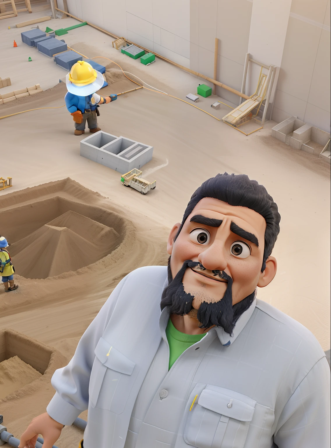 A wise man standing in front, iluminado pela luz do dia , in a construction site, rodeado de perigo