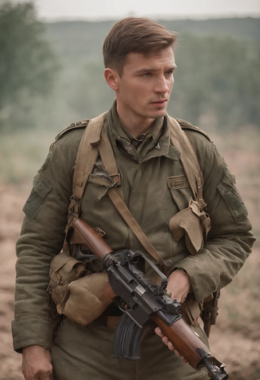 A man,Wearing a military uniform,Just returned from the battlefield,ragged,Behind it are the ruins of the battle,With one hand a submachine gun