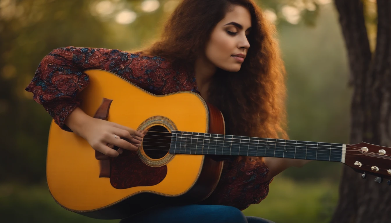 Young woman with a guitar , em um vilarejo