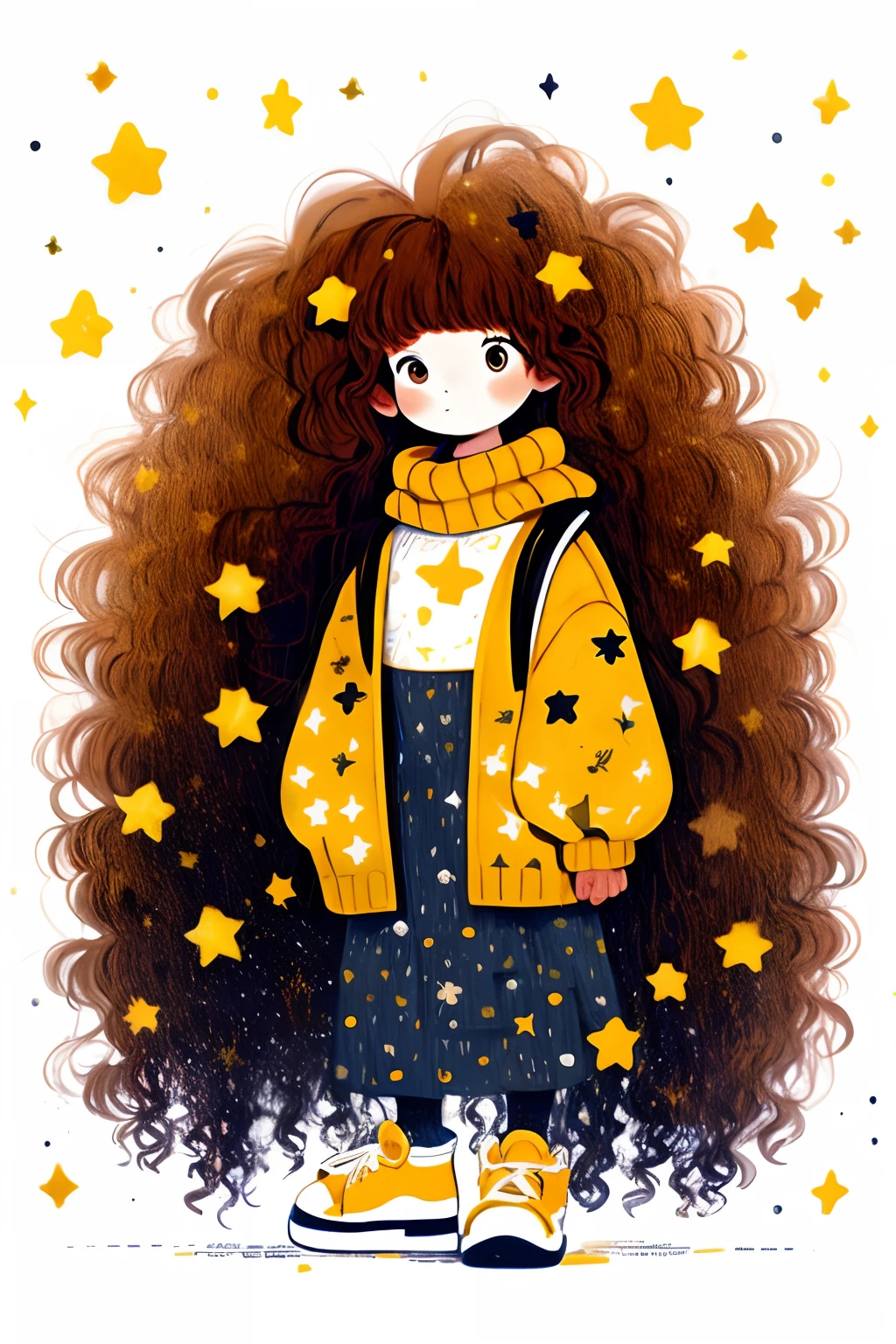 1girl, solo, star \(symbol\), long hair, standing, turtleneck, brown hair, very long hair, black footwear, curly hair, sleeves past wrists, looking at viewer, sweater, white background, long sleeves, blush, no nose, shoes, star print, full body, turtleneck sweater, big hair, closed mouth, puffy long sleeves, simple background, arms at sides, puffy sleeves, smile, yellow sweater, sneakers, jacket, clenched hand, brown eyes, :|, braid, hair ornament, bangs, skirt, clenched hands, tareme, arm at side, yellow jacket