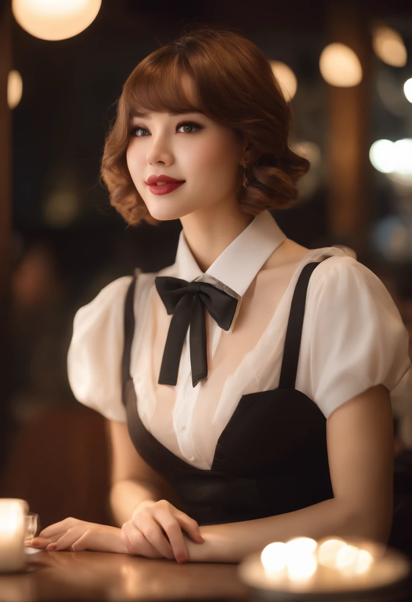 (8k, RAW photo, best quality, masterpiece:1.2), (realistic, photo-realistic:1.37), ultra-detailed,
1 girl,cute, solo,beautiful detailed sky,detailed cafe,night,sitting,dating,(nose blush),(smile:1.1),(closed mouth),large breasts, seductive smile, large aparture, professional lighting, Sony A7R4, Zessie 50mm F1.8,
medium breasts,beautiful detailed eyes,(collared shirt:1.1), bowtie,pleated skirt,(short hair:1.2),floating hair