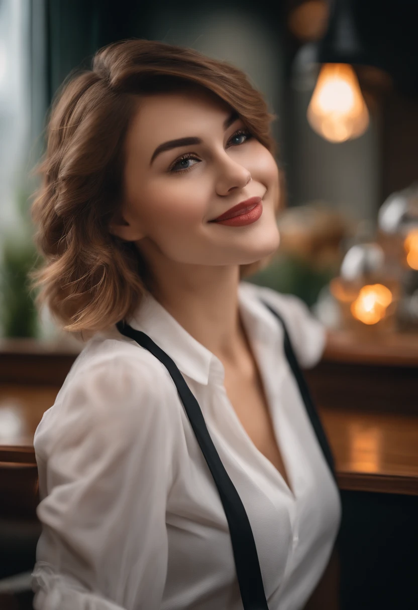 (8k, RAW photo, best quality, masterpiece:1.2), (realistic, photo-realistic:1.37), ultra-detailed,
1 girl,cute, solo,beautiful detailed sky,detailed cafe,night,sitting,dating,(nose blush),(smile:1.1),(closed mouth),large breasts, seductive smile, large aparture, professional lighting, Sony A7R4, Zessie 50mm F1.8,
medium breasts,beautiful detailed eyes,(collared shirt:1.1), bowtie,pleated skirt,(short hair:1.2),floating hair