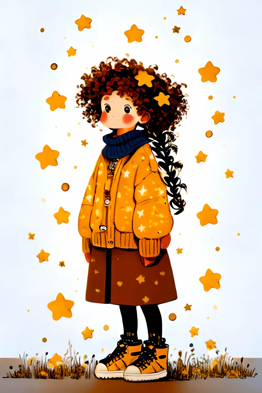 1girl, solo, star \(symbol\), long hair, standing, turtleneck, brown hair, very long hair, black footwear, curly hair, sleeves past wrists, looking at viewer, sweater, white background, long sleeves, blush, no nose, shoes, star print, full body, turtleneck sweater, big hair, closed mouth, puffy long sleeves, simple background, arms at sides, puffy sleeves, smile, yellow sweater, sneakers, jacket, clenched hand, brown eyes, :|, braid, hair ornament, bangs, skirt, clenched hands, tareme, arm at side, yellow jacket