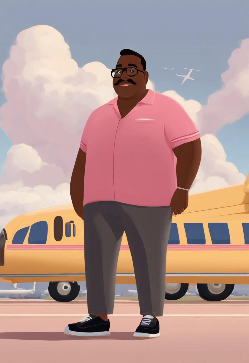 "Create an illustration in the Disney Pixar style with the title 'Maumau não é mau' (Maumau is not bad). The character is a chubby, black Brazilian man, around 41 years old, 1.73 meters tall, weighing 99 kilograms, with black skin, full lips, wearing prescription glasses, and having thick eyebrows. His eyes are dark brown, and he has a beard on his face. He is wearing a pink polo shirt, black dress pants, and white sneakers. He has a leather backpack on his back. The scene is set at an airport, where he is looking at an airplane in the sky."