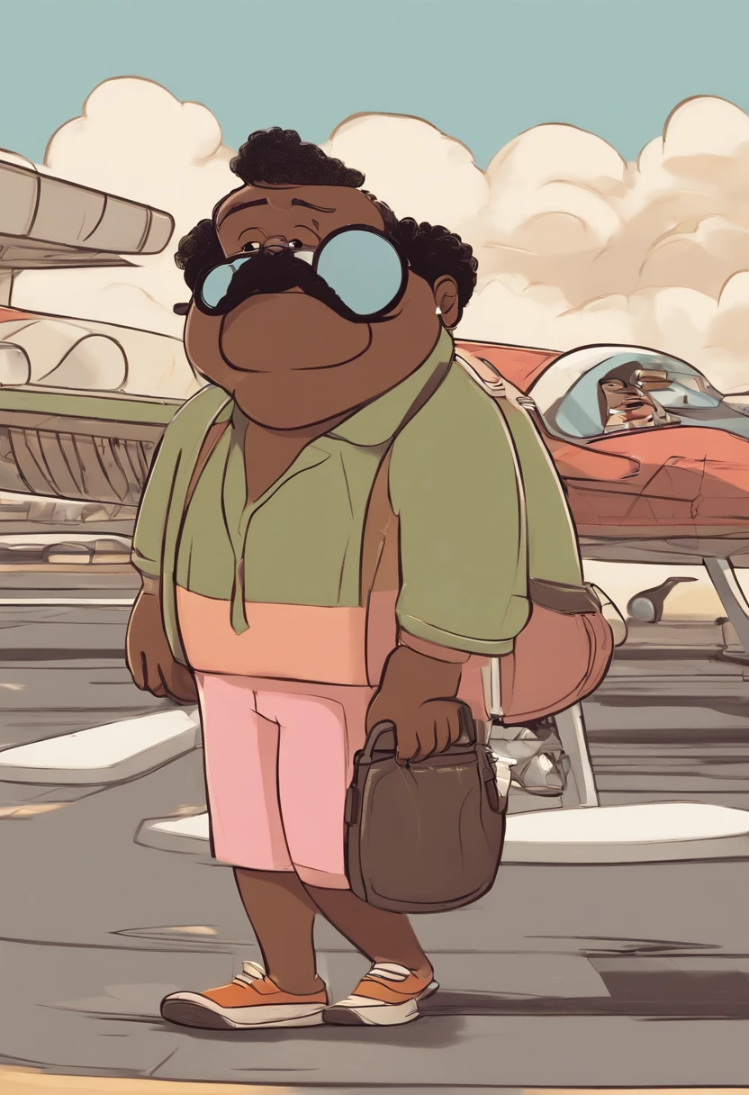 "Create an illustration in the Disney Pixar style with the title 'Maumau não é mau' (Maumau is not bad). The character is a chubby, black Brazilian man, around 41 years old, 1.73 meters tall, weighing 99 kilograms, with black skin, full lips, wearing prescription glasses, and having thick eyebrows. His eyes are dark brown, and he has a beard on his face. He is wearing a pink polo shirt, black dress pants, and white sneakers. He has a leather backpack on his back. The scene is set at an airport, where he is looking at an airplane in the sky."