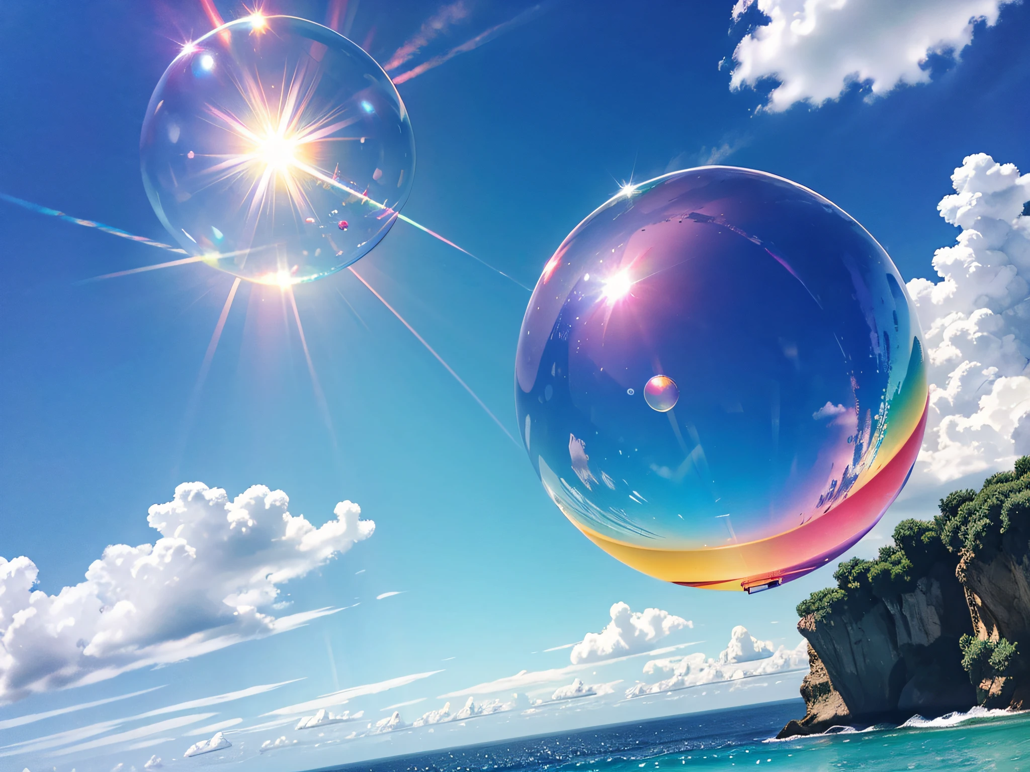 a single giant soap bubble floating in the sky, bright and vibrant colors,floating in mid-air, iridescent, best quality,ultra-detailed,realistic,studio lighting