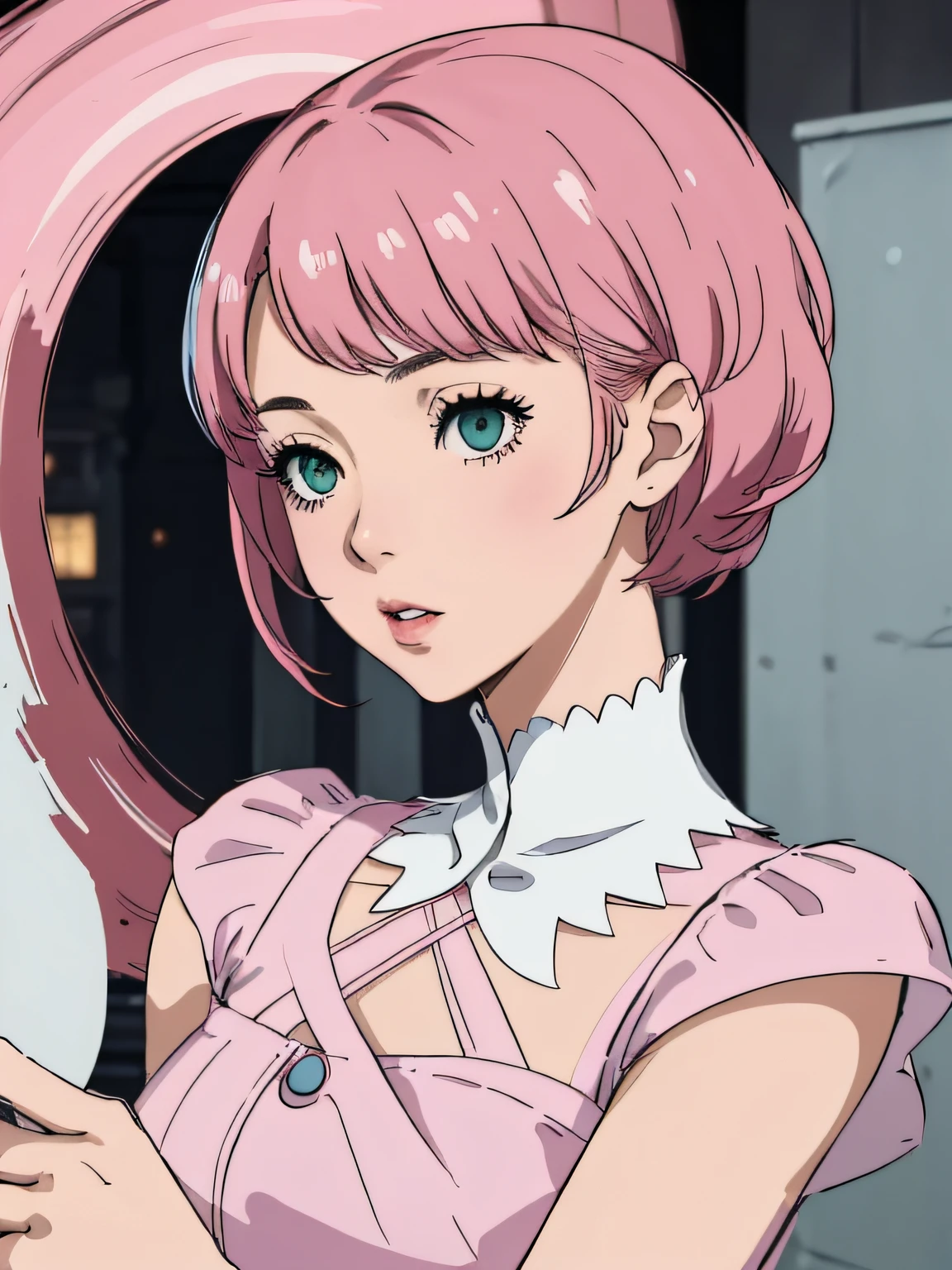 Alisa bosconovitch, melhor qualidade, contemporary, estilo plano, minimalismo, Green Eyes Flat Illustration, cabelo rosa, cabelo curto, cabelos multicoloridos, Camisa Preta, mechanical wings, Head Portrait Close-U, peito pontudo, decote, super decote, middlebreasts, Tekken，cabelo rosa pastel, 1girl, em quimono, hand-painted，Desenho de linha sem cor, colorida do yandere pastel, Tekken, Super cute pink hair girl with gothic makeup on the side, com roupa de empregada，figura esbelta，robusto，He sat on the floor，Vestido com roupas de empregada rosa e branco，cabelos muito curtos，com orelhas de gato，quadratic element，, kawaii cor-de-rosa na roupa da era de 1910, Alisa Bosconovich pink lips, no estilo da paleta de cores suave aurorapunk, an anime illustration of his face, gifs animados, hand drawn animation, charming sketches, suave e brilhante, romantismo nebuloso, Estilo Superflat, fundo branco - ar 1:1 - niji 5 - estilo expressivo --s 50 ,Pink kawaii girl in the era of 1920s clothesPink eagles, vestindo uma camisa branca brilhante, no estilo da paleta de cores suave aurorapunk, an anime illustration of his face, gifs animados, hand drawn animation, charming sketches, suave e brilhante, romantismo nebuloso, Estilo Superflat, fundo branco - ar 1:1 - niji 5 - estilo expressivo --s 50, Absurdo, Alto, ultra detalhados, (1girl:1.3), quebrar , Crie uma imagem com uma bela caligrafia