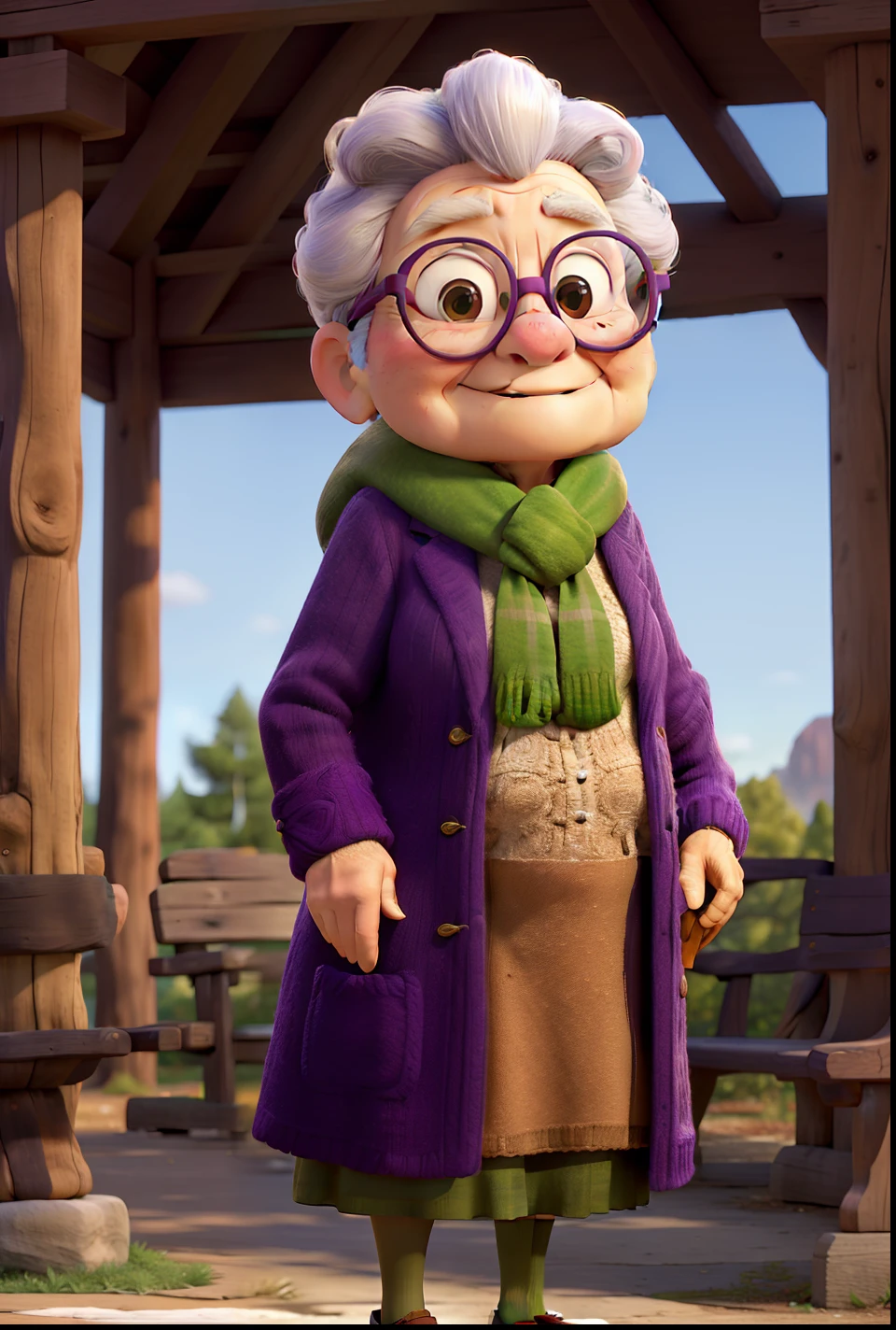 masterpiece, best quality, an old woman with glasses and a scarf on, wearing a purple coat and green scarf, standing at the park