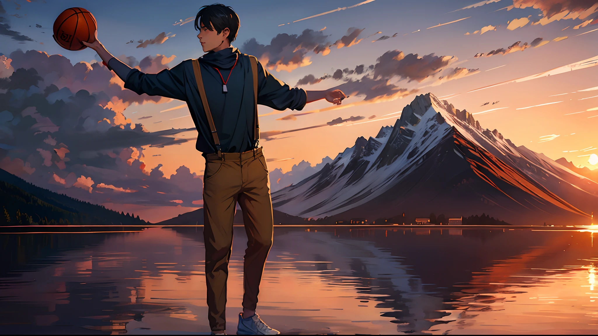 the sunset，eventide，Big Mountain，Medium short hair，Suspenders，The five fingers of human ???????，Put your feet on the ground，Two hands，Right-handed basketball，Boy student