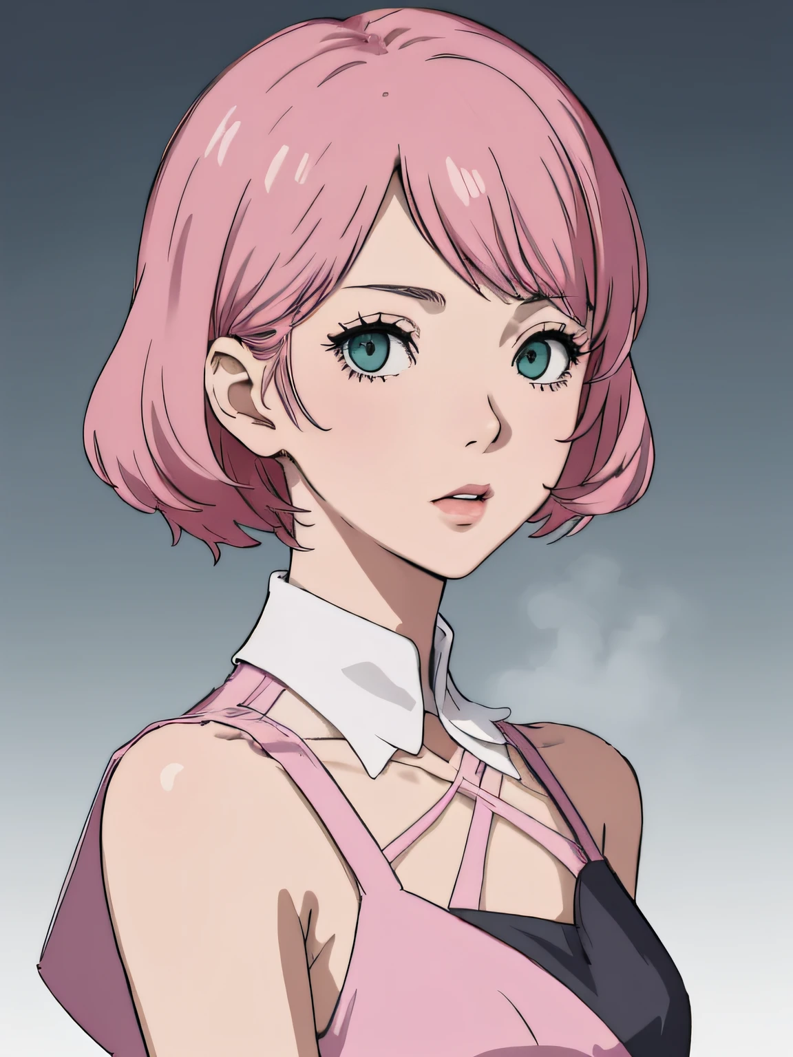 Alisa bosconovitch, melhor qualidade, contemporary, estilo plano, minimalismo, Green Eyes Flat Illustration, cabelo rosa, cabelo curto, cabelos multicoloridos, Camisa Preta, mechanical wings, Head Portrait Close-U, peito pontudo, decote, super decote, middlebreasts, Tekken，cabelo rosa pastel, 1girl, em quimono, hand-painted，Desenho de linha sem cor, colorida do yandere pastel, Tekken, Super cute pink hair girl with gothic makeup on the side, com roupa de empregada，figura esbelta，robusto，He sat on the floor，Vestido com roupas de empregada rosa e branco，cabelos muito curtos，com orelhas de gato，quadratic element，, kawaii cor-de-rosa na roupa da era de 1910, Alisa Bosconovich pink lips, no estilo da paleta de cores suave aurorapunk, an anime illustration of his face, gifs animados, hand drawn animation, charming sketches, suave e brilhante, romantismo nebuloso, Estilo Superflat, fundo branco - ar 1:1 - niji 5 - estilo expressivo --s 50 ,Pink kawaii girl in the era of 1920s clothesPink eagles, vestindo uma camisa branca brilhante, no estilo da paleta de cores suave aurorapunk, an anime illustration of his face, gifs animados, hand drawn animation, charming sketches, suave e brilhante, romantismo nebuloso, Estilo Superflat, fundo branco - ar 1:1 - niji 5 - estilo expressivo --s 50, Absurdo, Alto, ultra detalhados, (1girl:1.3), quebrar , Crie uma imagem com uma bela caligrafia