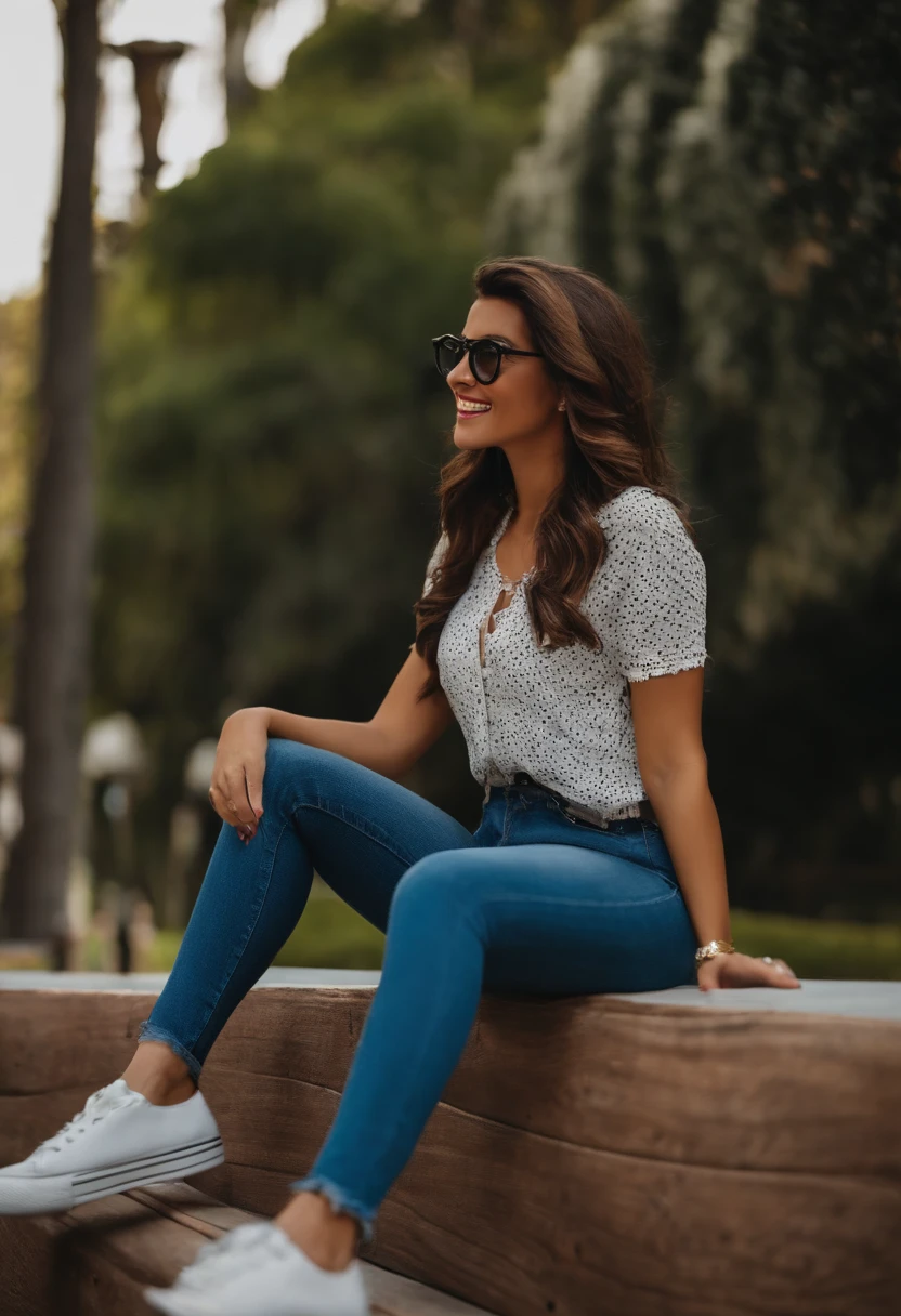 estilo disney, Woman, marrom, brasileiro, rechonchudo, brown hair down to the straight shoulder, black glasses, jeans, camisa preta, black sneakers, sentado em um banco de madeira com Jesus em um parque conversando e sorrindo