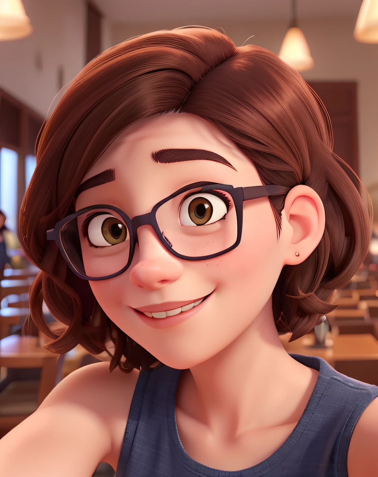 Smiling woman in glasses taking a selfie in a restaurant with short hair, rebecca sugar, Jenna Barton, fernanda suarez, foto de perfil headshot, Meredith Schomburg, Valentina Embaralhamento, taken in the early 2020s, Elizabete Saltzman, by Amelia Peláez, Miranda Meeks, imagem de perfil, Beth Harmon, foto do perfil, Directed by: Nandor Soldier
