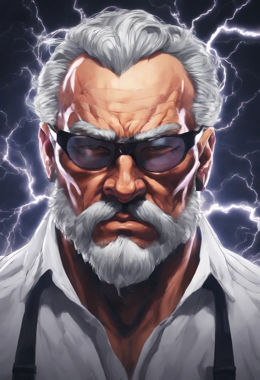 Realistic 3D rendering of a bald man with a gray beard with black glasses, surrounded by lightning, grande musculatura, fotografia de corpo inteiro, hiper-realista
