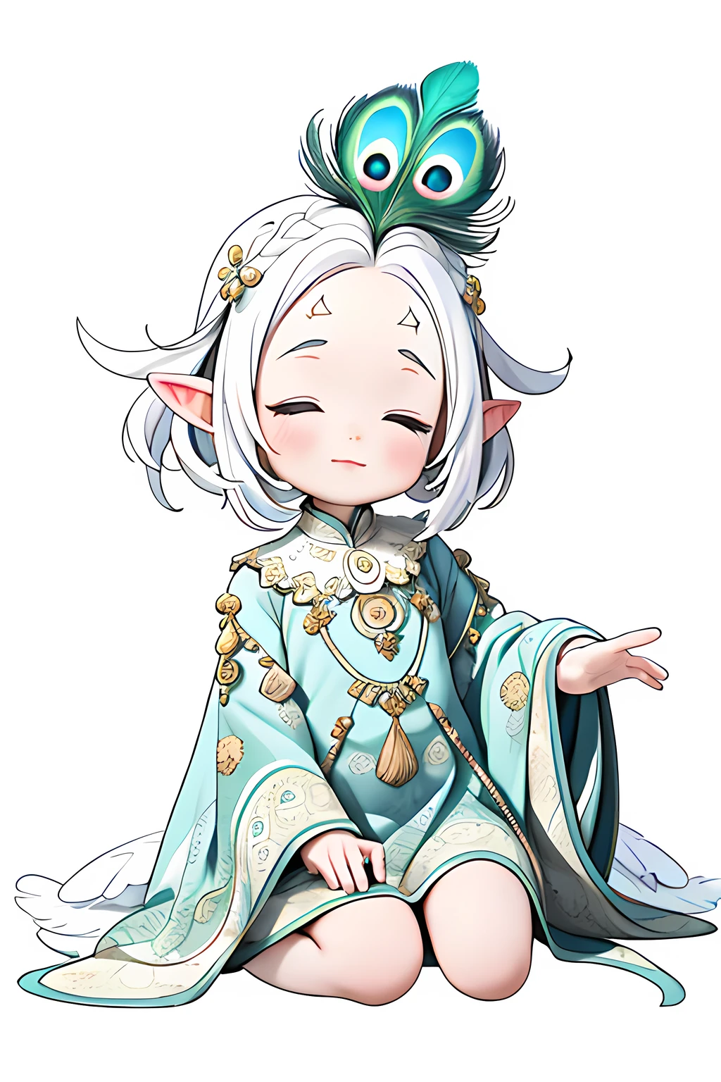 (Best quality, A high resolution, Masterpiece:1.2), Black and white, Q version 2 girl, "Peacock elements", "Peacock tail", "Whole body", Cute face, updo-hairstyle, closing her eyes, Comfortable appearance, White color hair, "Sit on your knees", "Clothes made of feathers", White hair, Short hair, There is a circular pattern in the center of the eyebrows, A high resolution, White background, Mono Color, Line drawings, ((Sketch)), feathers hair ornament, "Peacock tail", forehead jewel, forehead mark, long and pointed ears, High detail, 4K, Super detail, High quality
