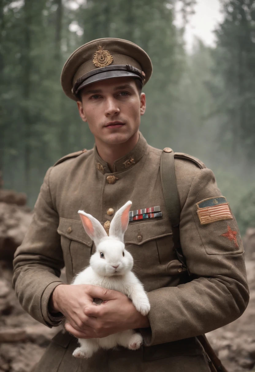 A man,Wearing tattered military uniforms,In the ruins after the battle,Holding a dirty bunny in his hand