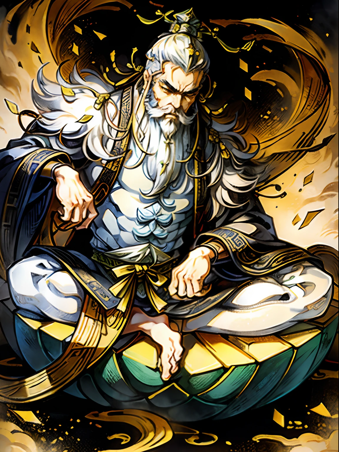 male people，Taoist,Yellow beard,Sitting on the ground, his eyes are deep,thick eyebrow,32K，best qualtiy，tmasterpiece，super detailing，highly details，Chinese Ancient Times，Ancient wind，k hd，Traditional ink painting