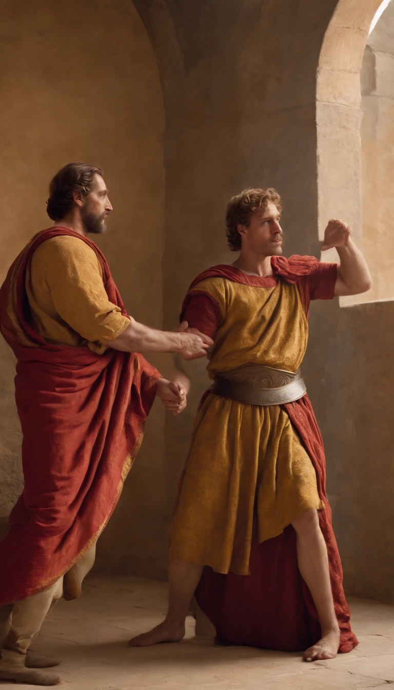Van Goh style picture of alexander killing Hector, as is narrated in the Iliad, behind the walls of Troy, only two people in the picture. Hyper Realistic