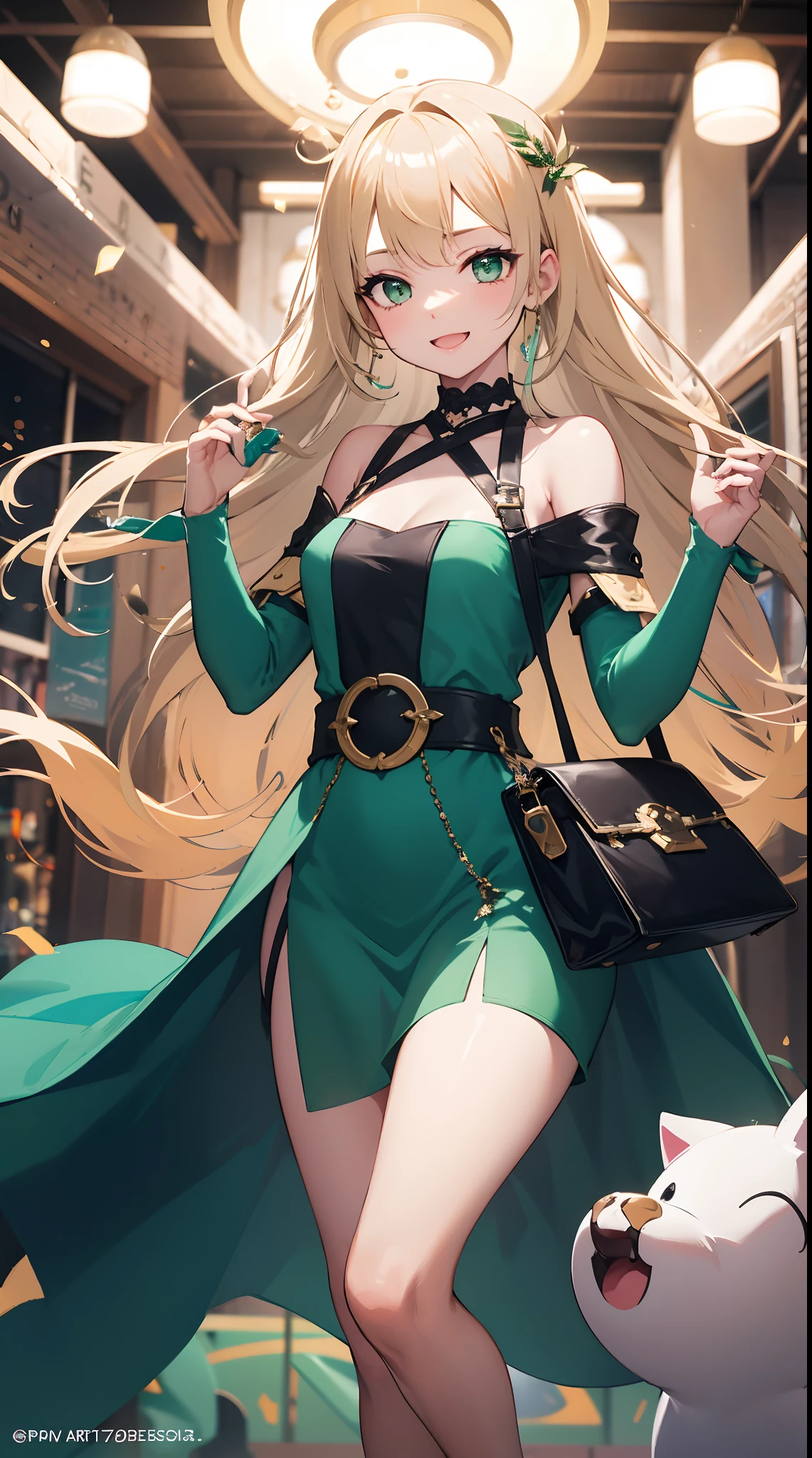 Length: 170cm Weight: 58 kg hair: Long and straight in light blonde eyes: Large, shiny emerald green skin: Succulent and vulgar
apparel: She wears a dress with a modern and elegant design in bright colors and suitable for artistic performance. Carry a small bag with a modern design.
facial expression: The eyes are bright and carry a vibrant and vibrant expression. She can have a cool and attractive smile.
background: Be in a fashion and art studio with bright lights and an atmosphere full of enthusiasm and creativity.