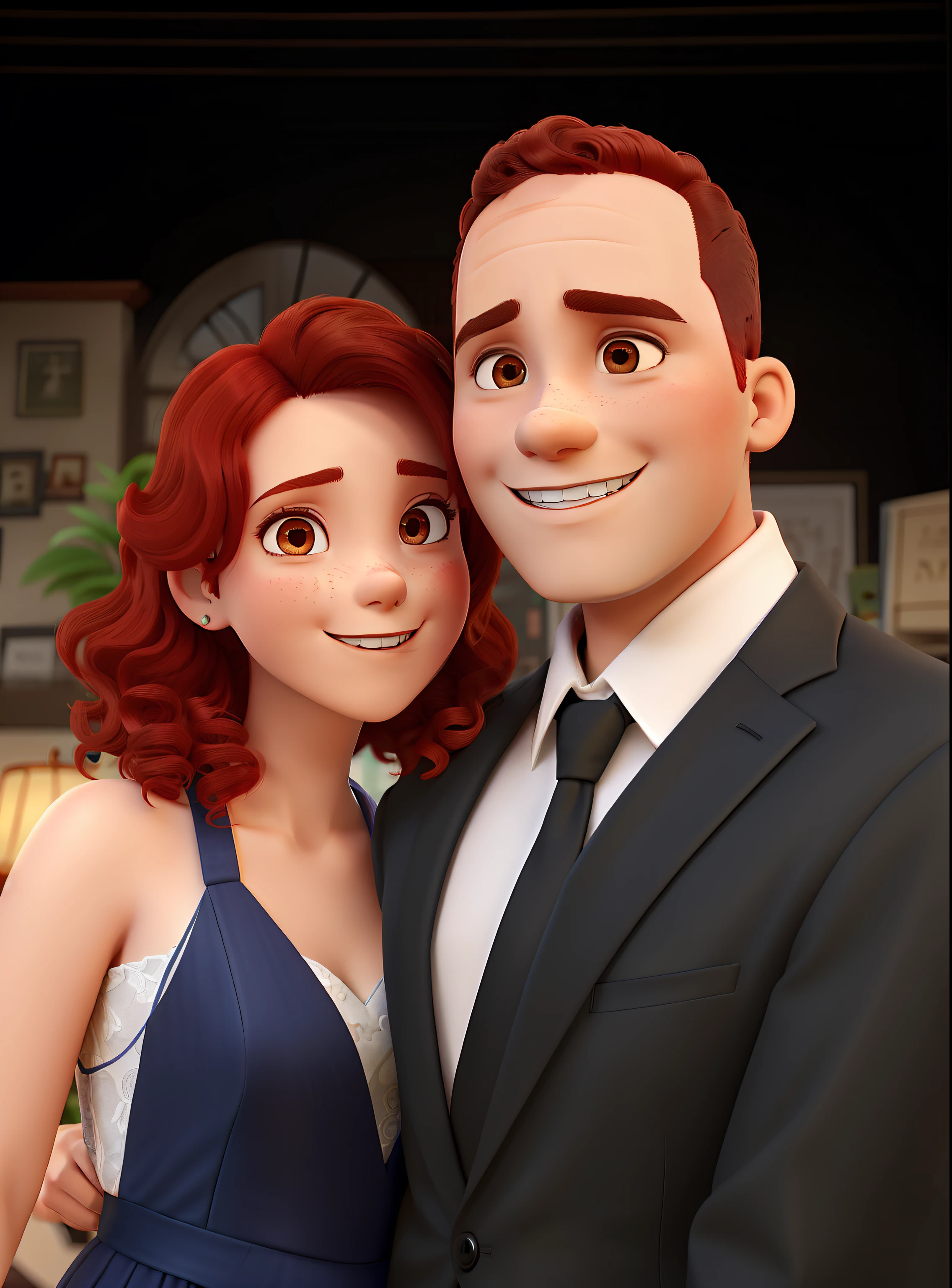 happy couple, she with short red hair curled, dressed as a bridesmaid.
The boy's hair is short and black. he has a small ear. and in a suit.